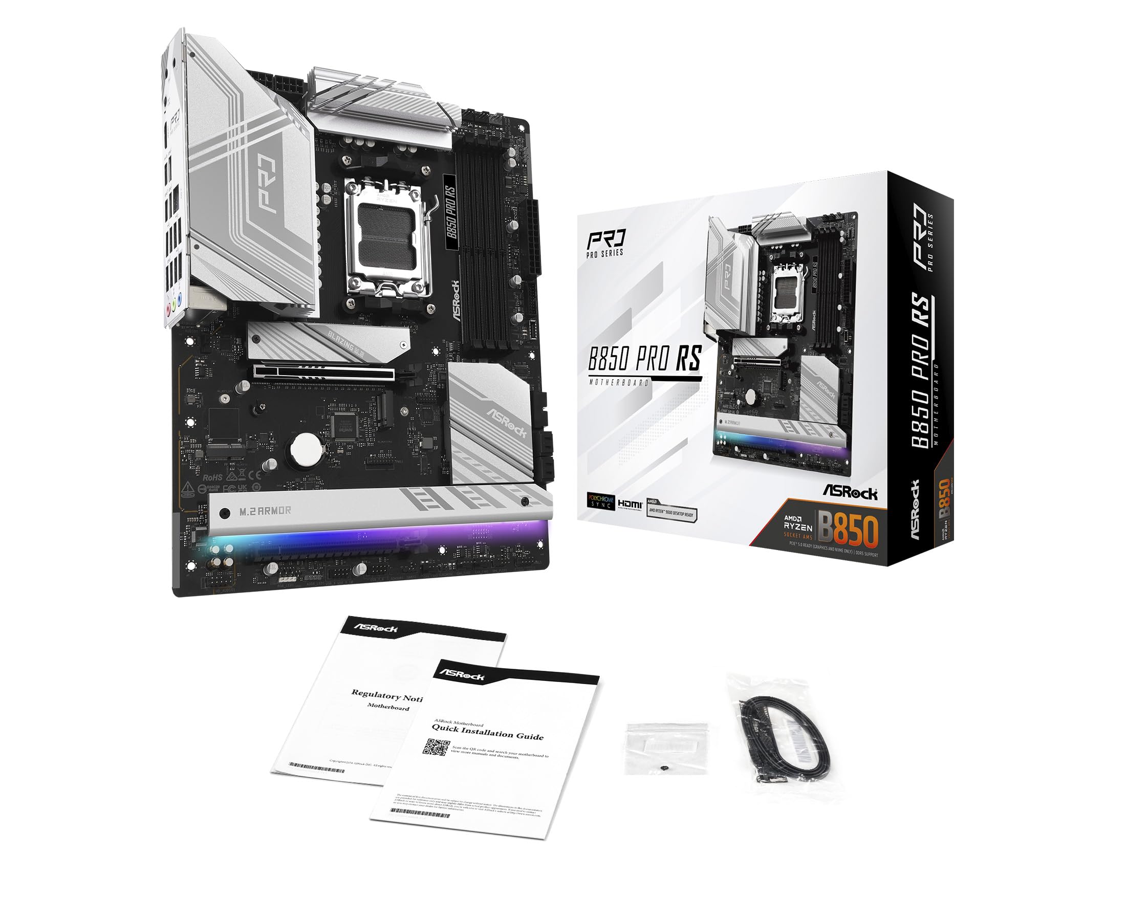 ASRock AMD AM5 B850 Pro RS - Mainboard, AMD Ryzen 9000/8000/7000 Series, 4X DDR5-Slots bis 8000MHz, 24-Pin Stromanschluss, ATX, 21x USB-Ports, PCIe 5.0