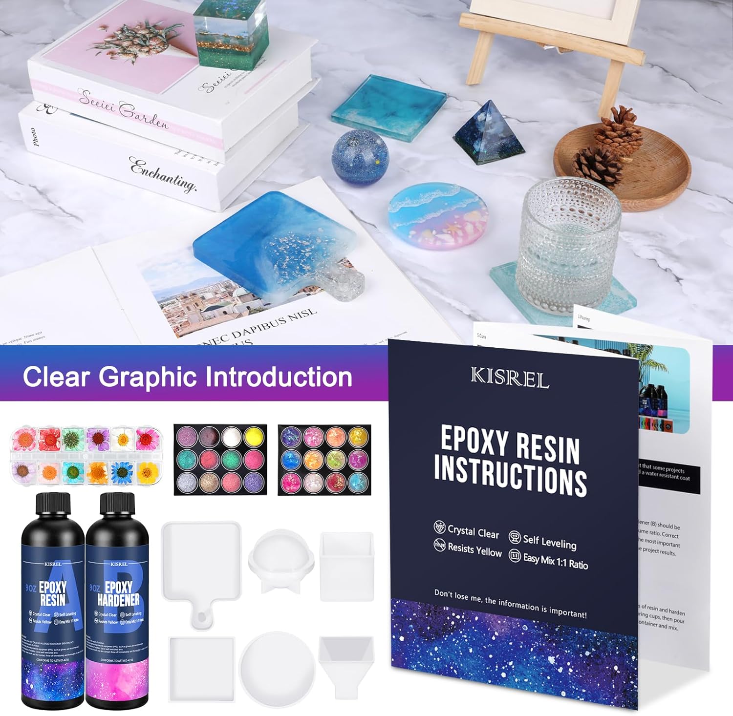 KISREL Epoxy Resin Kit for Beginners, Resin Kit with Molds, 18OZ Epoxy Kit with Dried Flowers, Measuring Cups and Resina Supplies