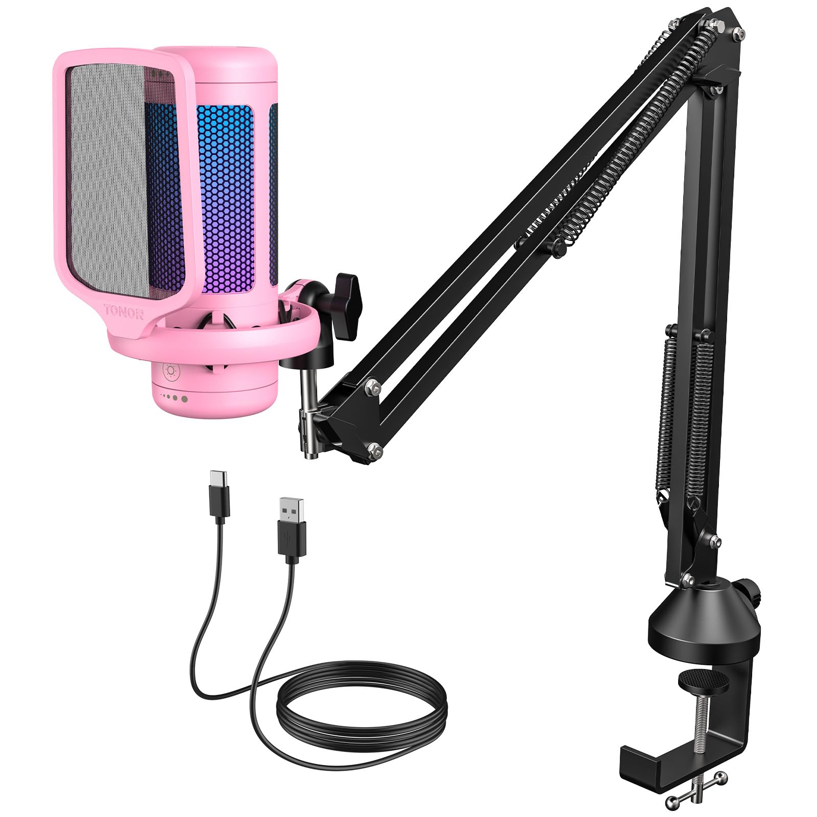 TONOR Gaming Microphone Arm Set, RGB Condenser Mic with Boom Arm, Quick Mute, Adjustable RGB Brightness, Pop Filter, Shock Mount, Gain Control for Streaming, Discord Twitch YouTube,TC310+ Pink