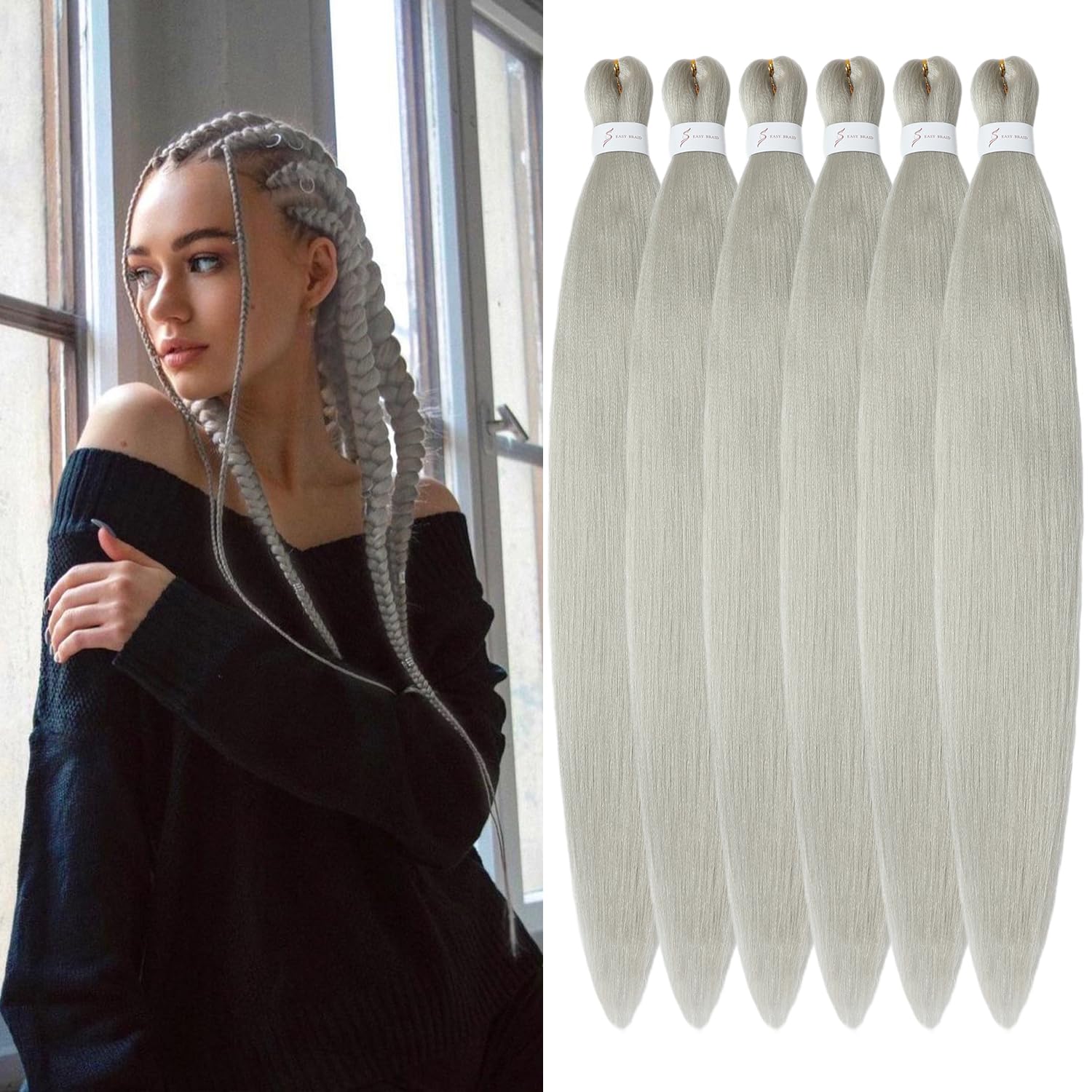 Kunsthaar zum Einflechten Pre Stretched Braiding Hair Aschblond 32 Zoll 6er Pack Braids Extensions Yaki Textur Einfach zu flechten für Anfänger Leichtes natürliches Haar für Box Braids Twists