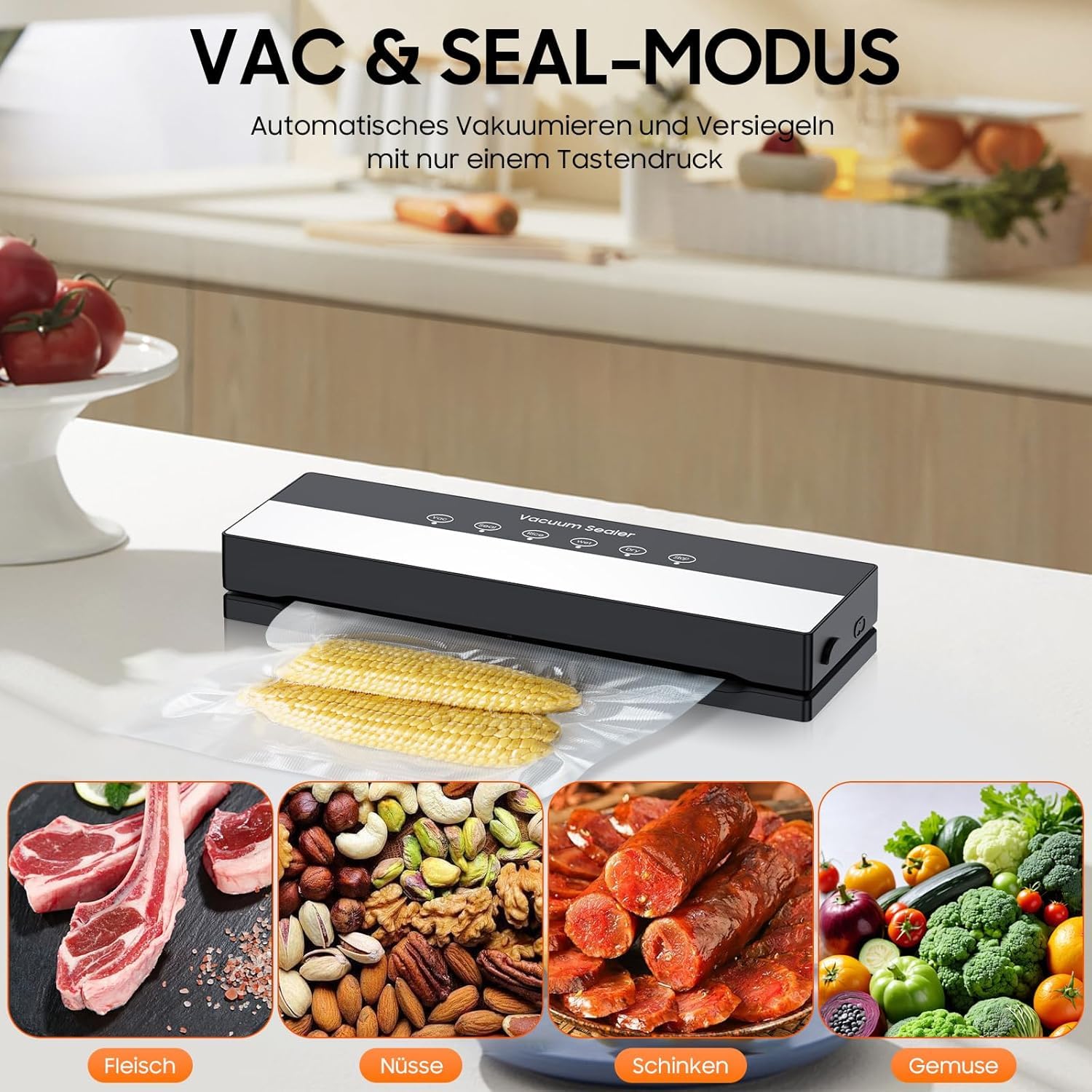 Macchina Sottovuoto,Potente 90Kpa Precisione 5 in 1 Sistema di Conservazione degli Alimenti Sottovuoto, Include sacchetto per il vuoto, Modalità a Secco e Umido Nero (Black, 10 vacuum bags)