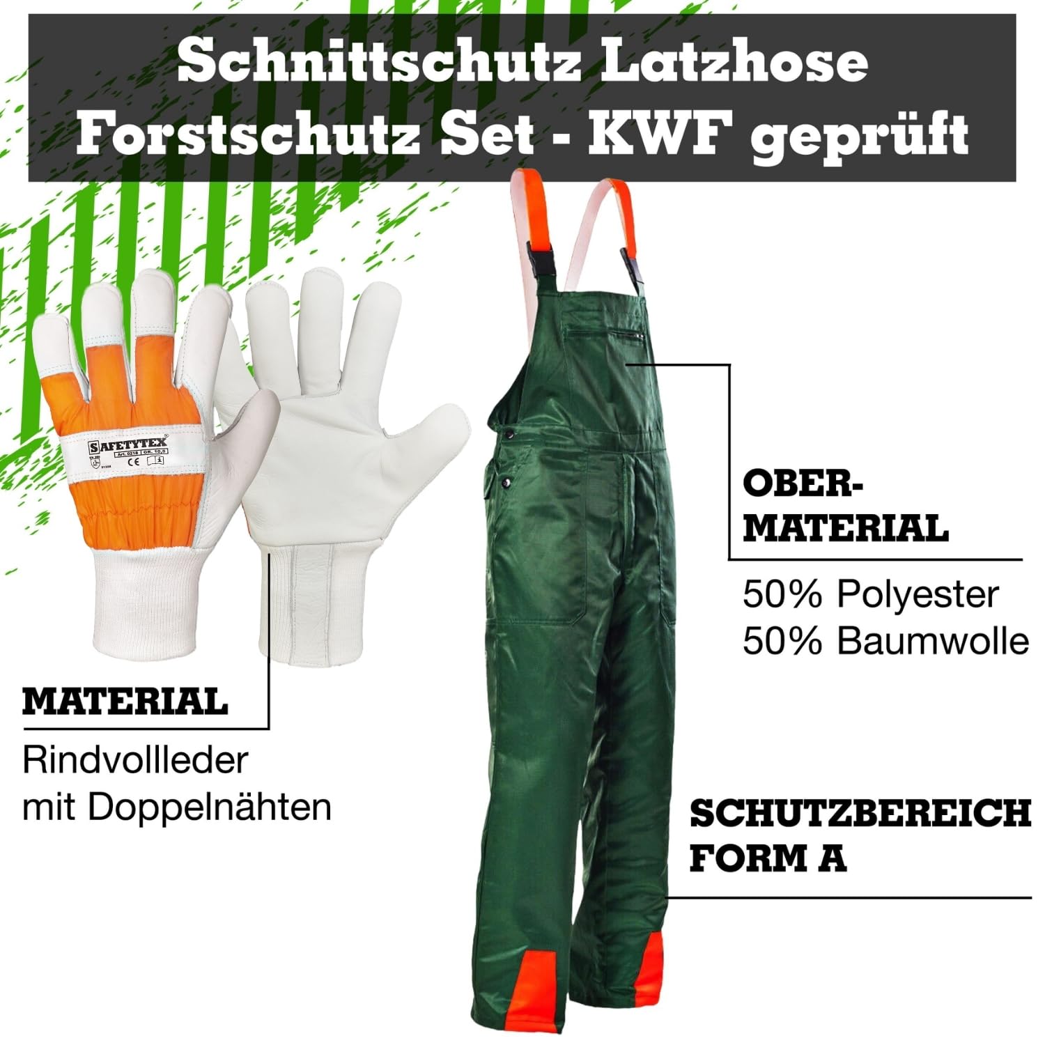 Safetytex Forstschutz Set Schnittschutzhose und Forsthandschuhe | 2-teiliges Set, KWF geprüft, Schutz bei Forstarbeiten, Gartenarbeiten, robuste Verarbeitung, komfortabel, langlebig
