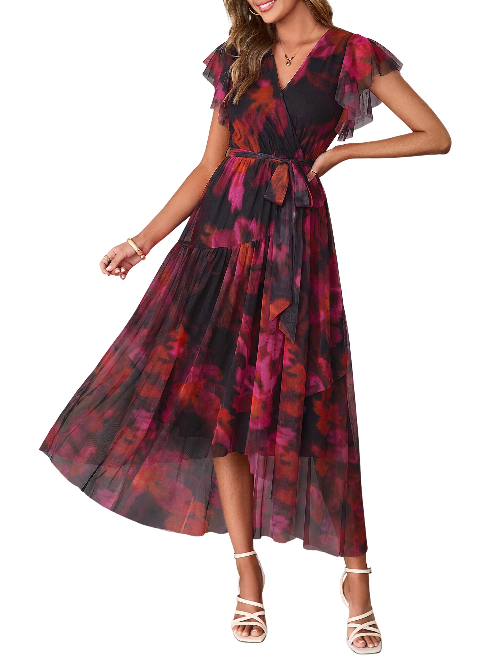 Womens Summer Floral Maxi Dress 2026 Short Sleeve V Neck Belted Mesh Hem Split Flowy Beach Wedding Guest Dresses