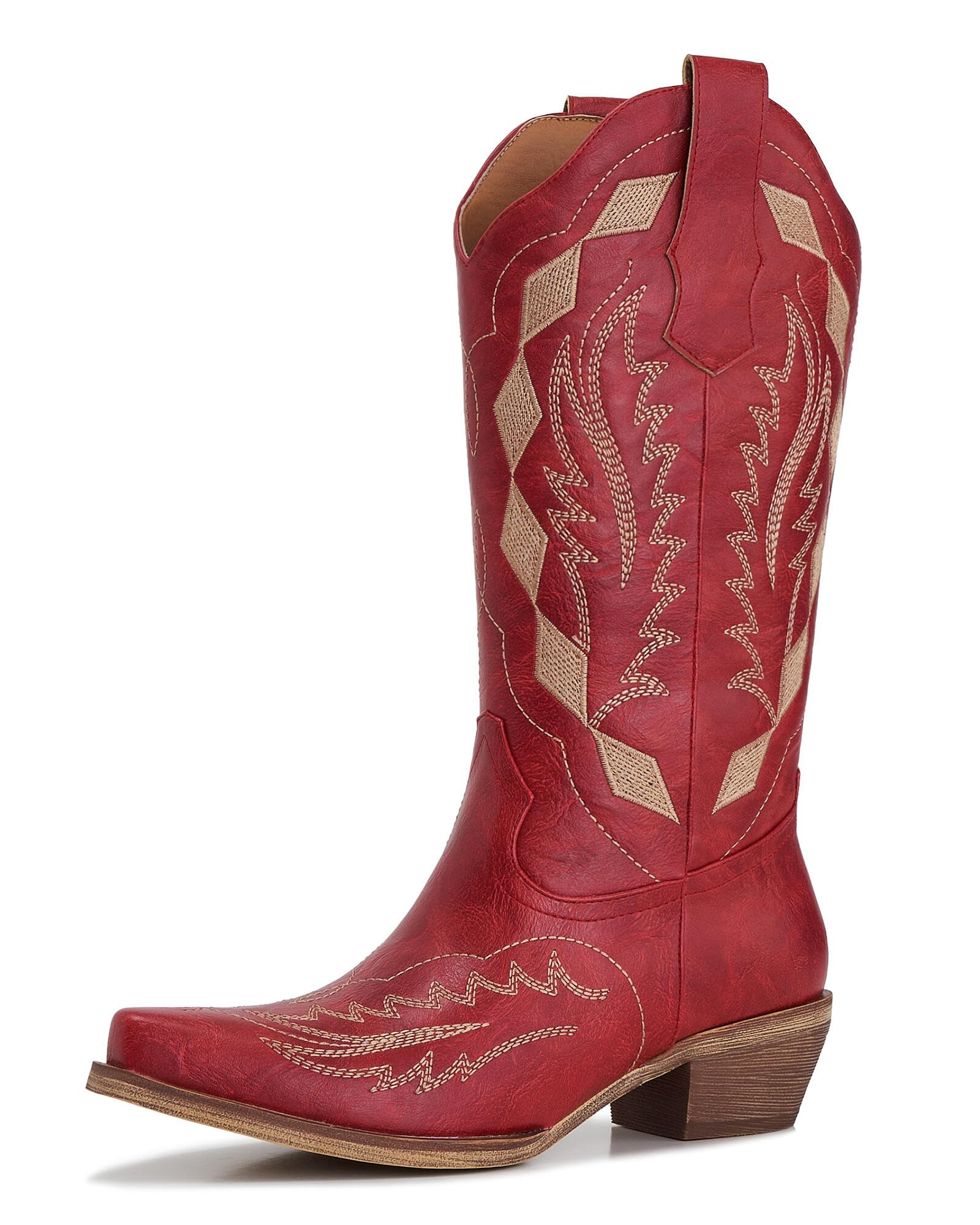 Womens Western Cowboy Boots Faux Leather Mid-Calf Cowgirl Boots with Embroidery Snip Toe 2-Inch Stacked Heel
