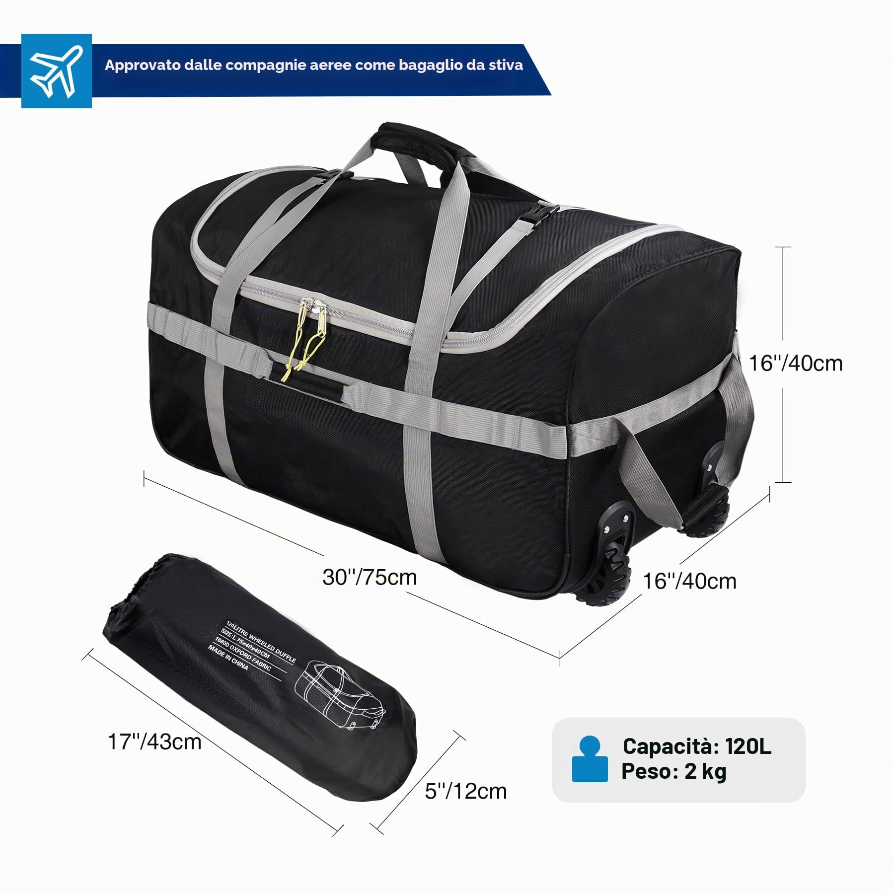 Borsa da viaggio con ruote, grande borsa da viaggio pieghevole con ruote, 75 x 40 x 40 cm, Sportivo