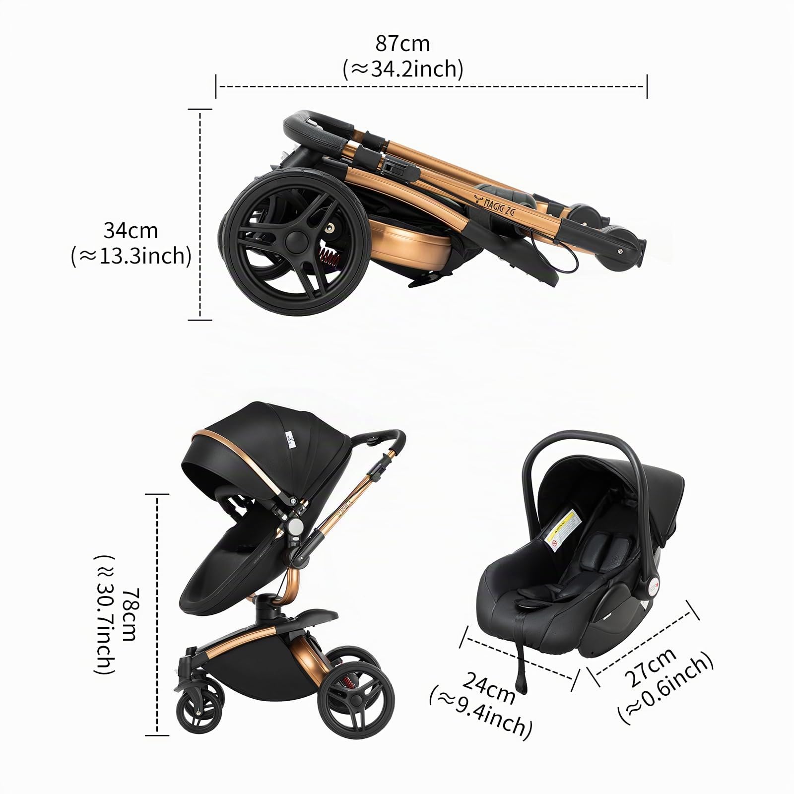 3 en 1 Poussette Combinée Canne Citadine Système de Voyage pour Bébé Landau Paysage Haute Inclinable Pliable Standard (906 Black)