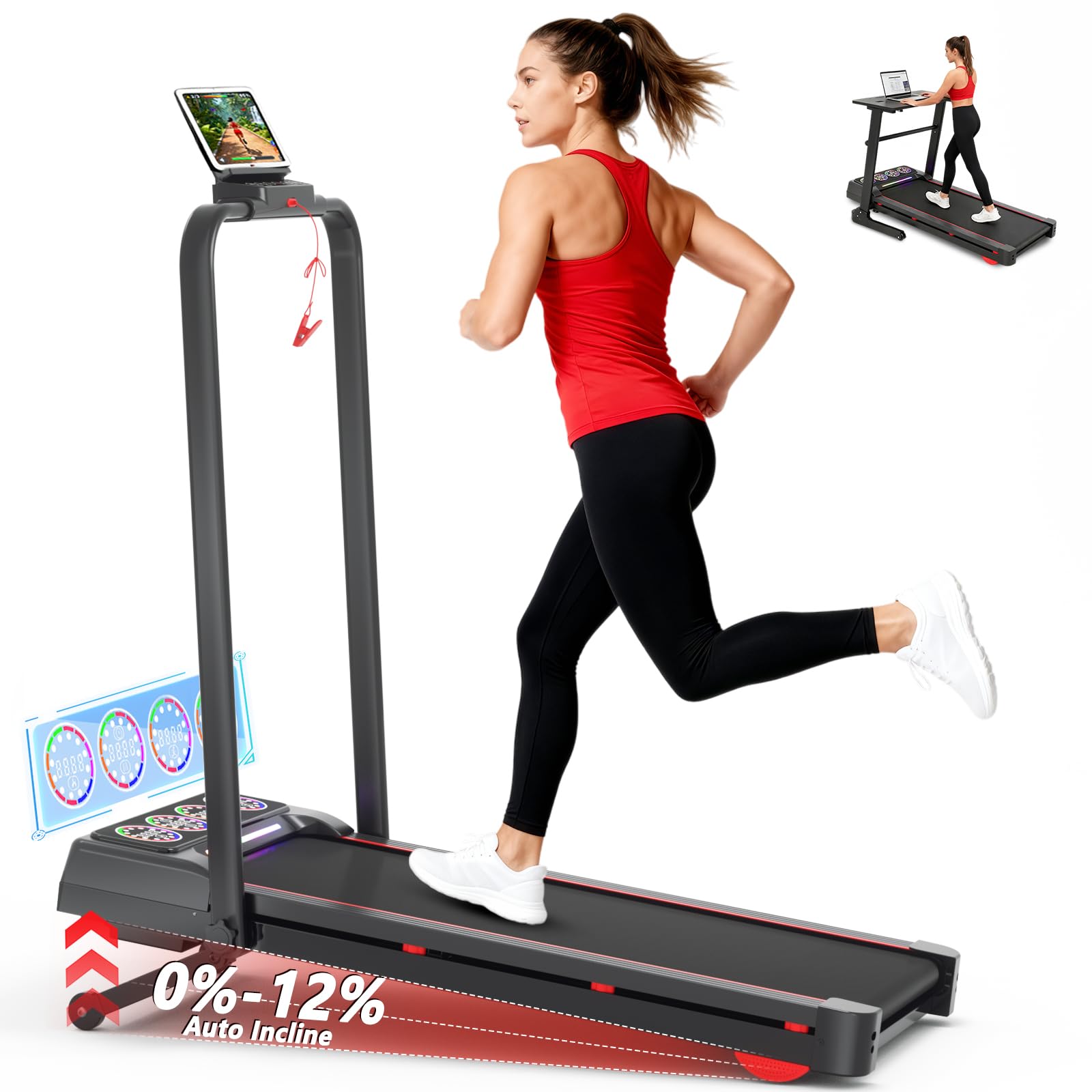 Walking Pad Treadmill with Incline and Handle Bar, 7.5MPH Under Desk Foldable Treadmill for Home Office with Remote Control