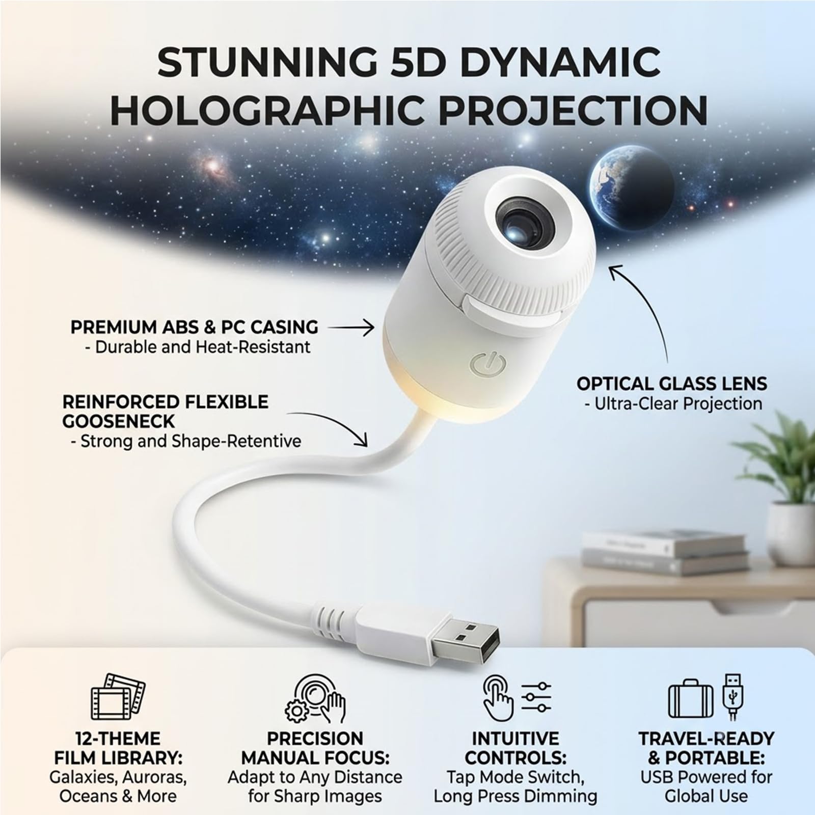 Hd Smart Dynamic 5d Holographic Night Light Projector,Usb Galaxy Projector with 6/12/24 Projection Films,Plug-and-Play,360° Adjustable,for Kid Adult Bedroom Ceiling Wall Room，white：24Projection Films