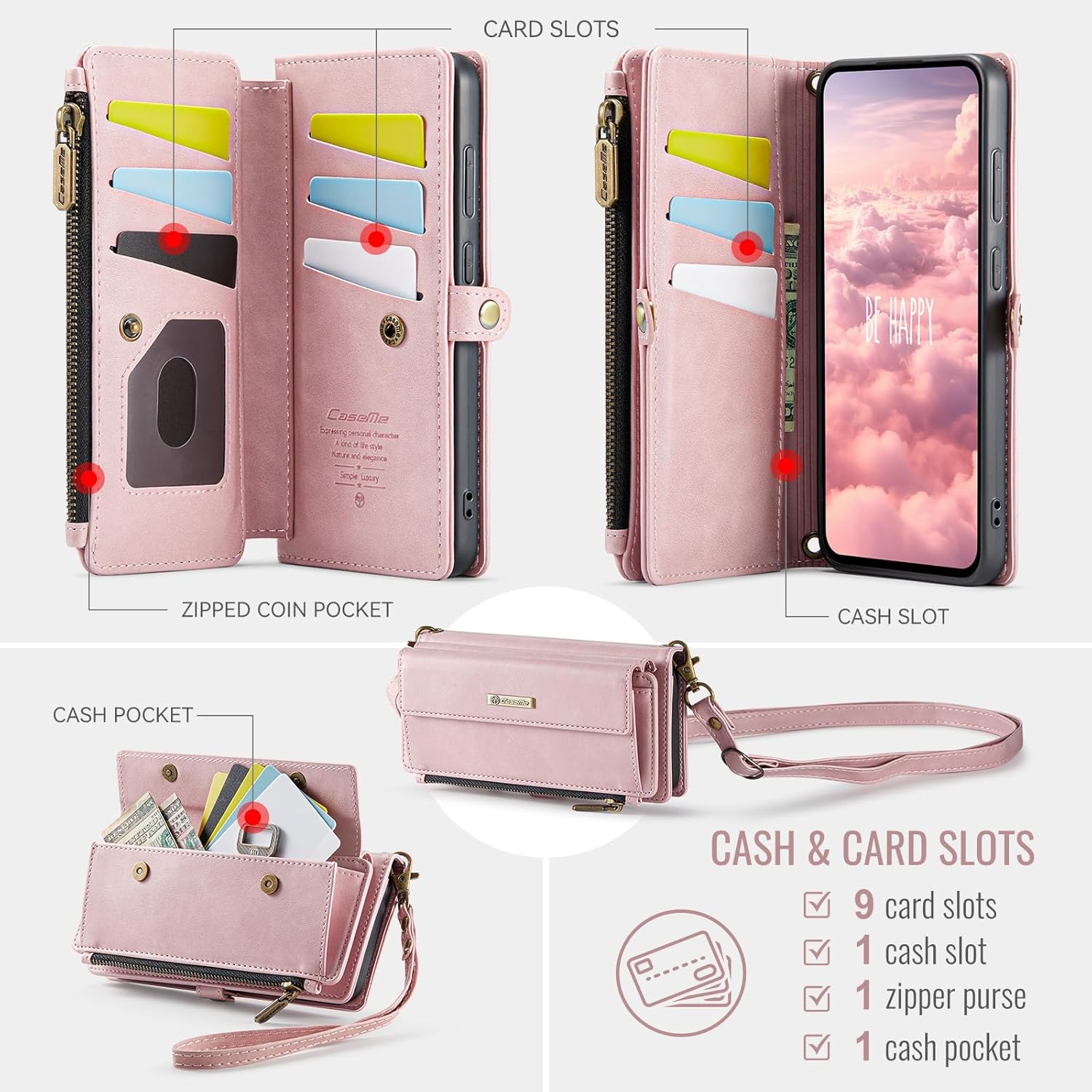 Wallet Case Compatible with Samsung Galaxy S25 Plus with RFID Blocking Card Holder Wrist Strap Shoulder Strap, PU Leather Magnetic Snap Zipper Flip Phone Case Fit for Galaxy S25 Plus (Pink)