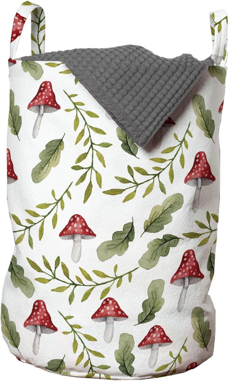 Ambesonne Mushroom Laundry Bag Pack of 2, Watercolor Pattern Green Leaves Forest Elements Botanical Woodland Theme, Hamper Basket with Handles Drawstring Closure, 13" x 19", Green Ruby