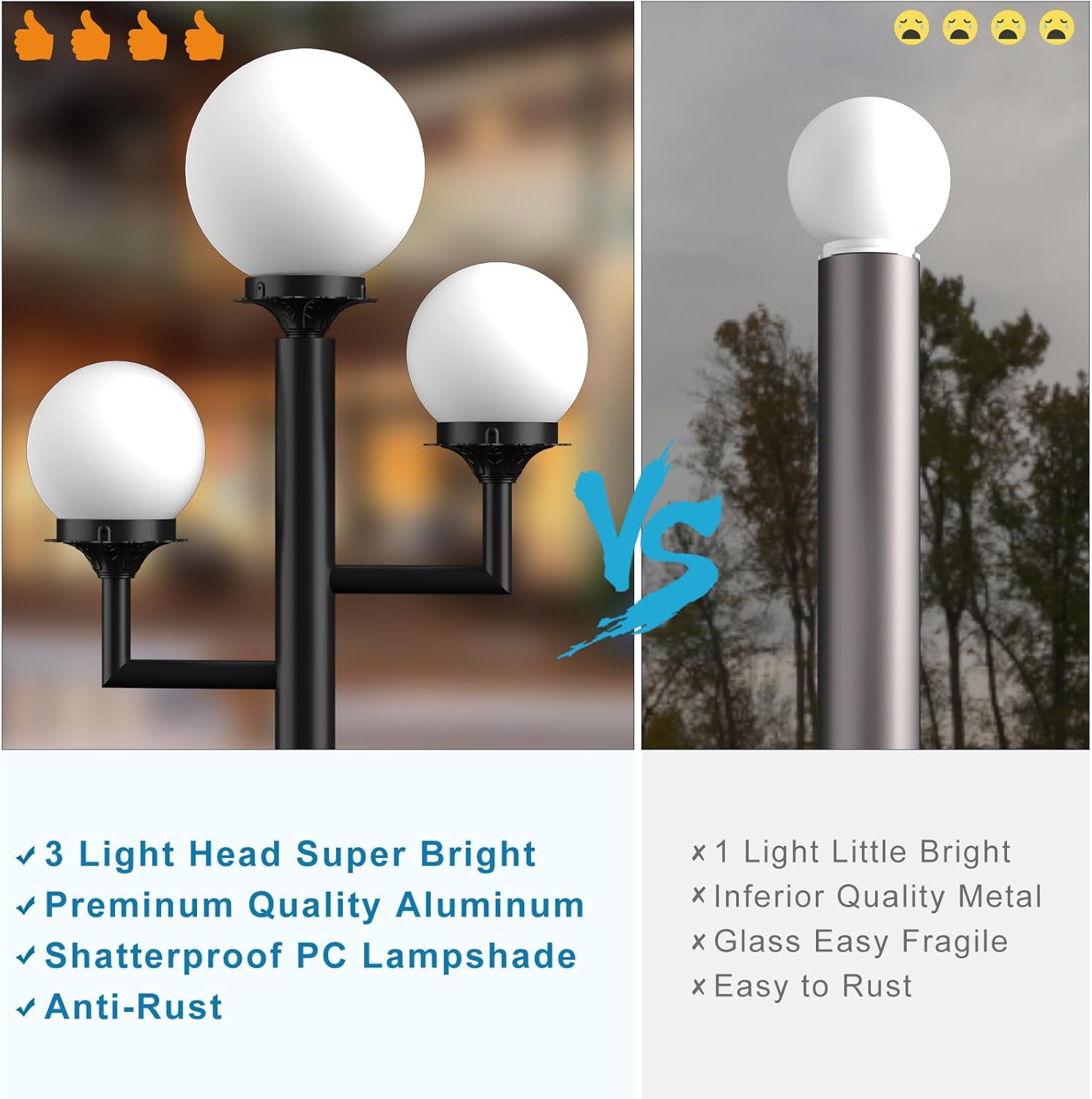 Lightdot 79" Modern Stable Post Lights Outdoor 3-Heads Street Pole Lights IP65 Waterproof Heavy-Duty Aluminum Lamp Posts Outdoor Lighting with 3Pcs 3000K LED Bulbs for Driveway/Garden/Yard
