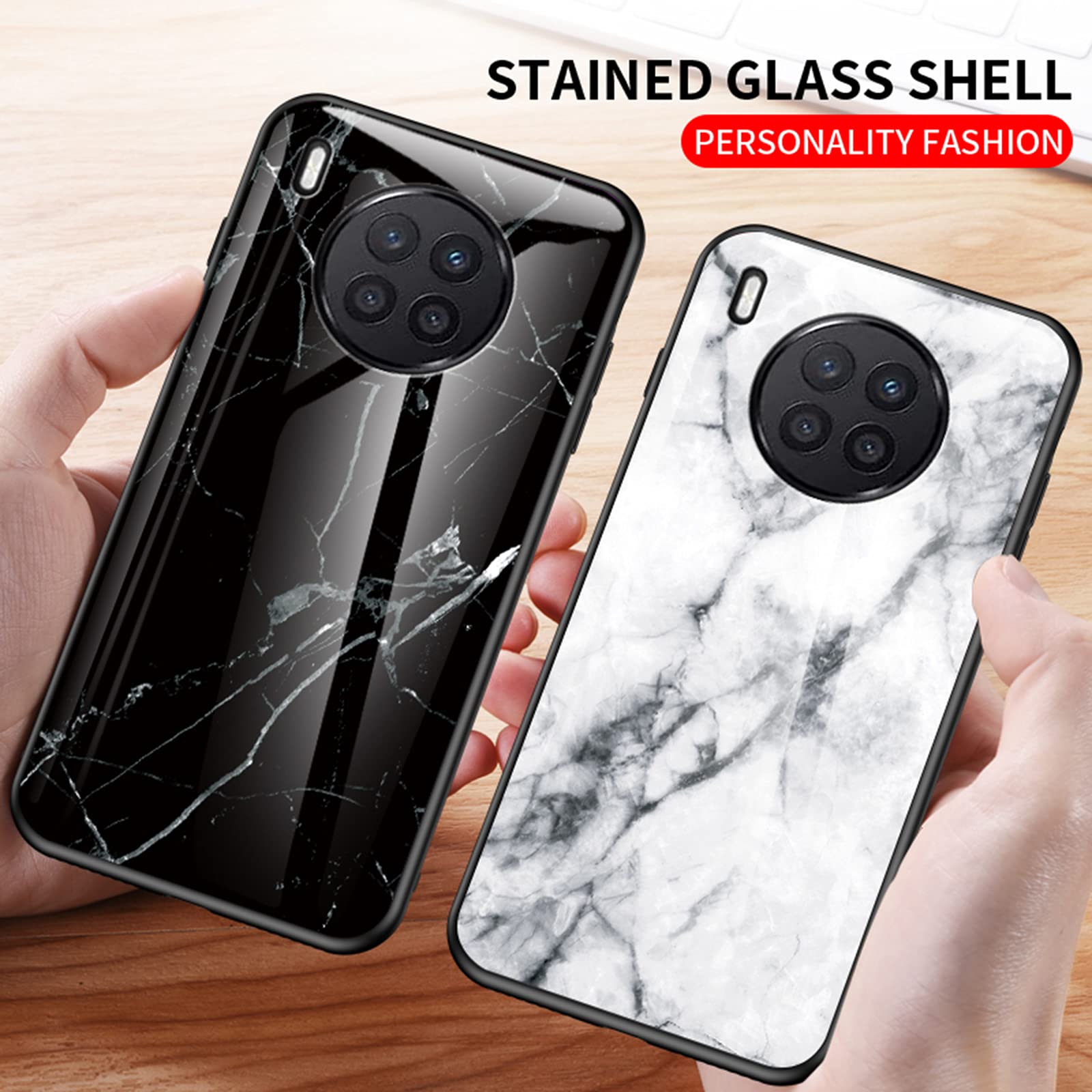 BRAND SET Custodia Per Huawei Nova 8i Con Cover Posteriore In Vetro Temperato E Bordo In Silicone TPU - Design Marmo Rosa E Blu - 2
