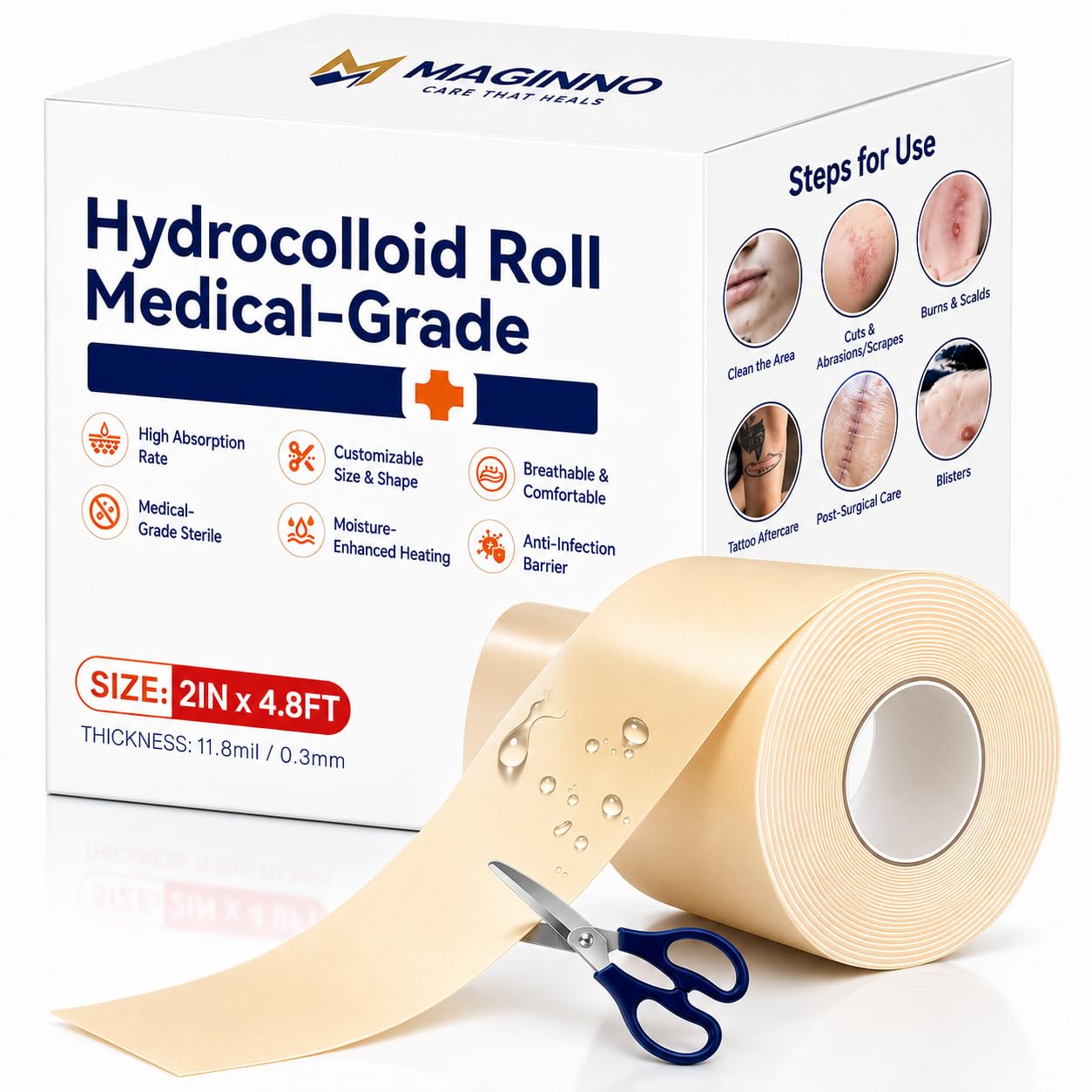 Hydrocolloid Roll Dressing Tape, Medical Grade Wound Care Bandage, Waterproof Adhesive Patch Roll for Blisters, Burns, Scrapes & Post-Surgical Care, 2 Inch x 4.8 Ft — Amazon image 9