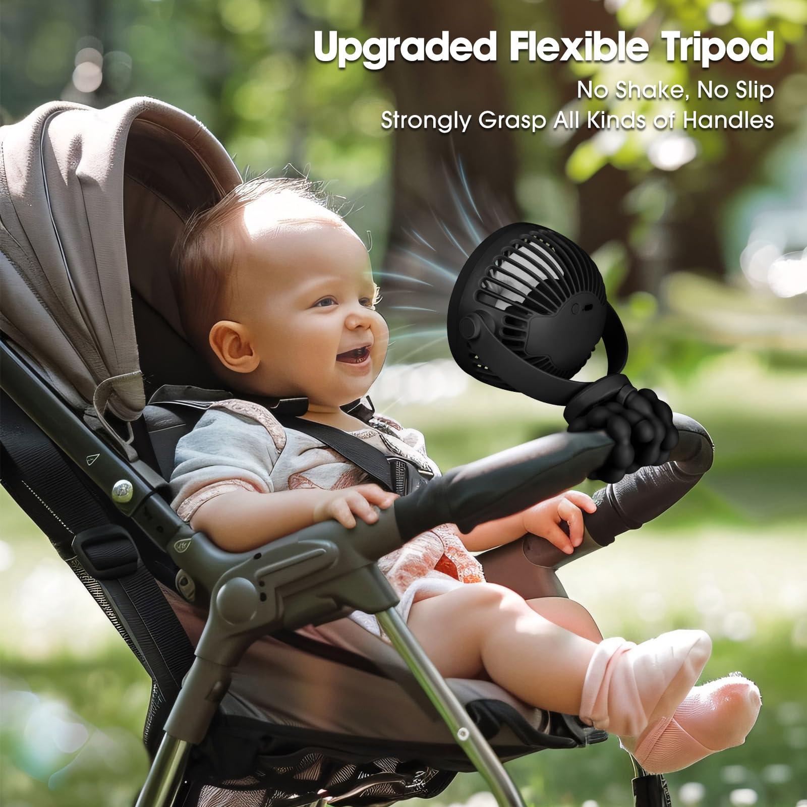 POPERFUN Kinderwagen-Ventilatoren 5200 mAh 40H, Stroller Fan Akkulaufzeit Clip Ventilator, 360° Abnehmbare 3 Geschwindigkeiten wiederaufladbarer USB-Ventilator,Reisen, Autositz, Büro (Schwarz)
