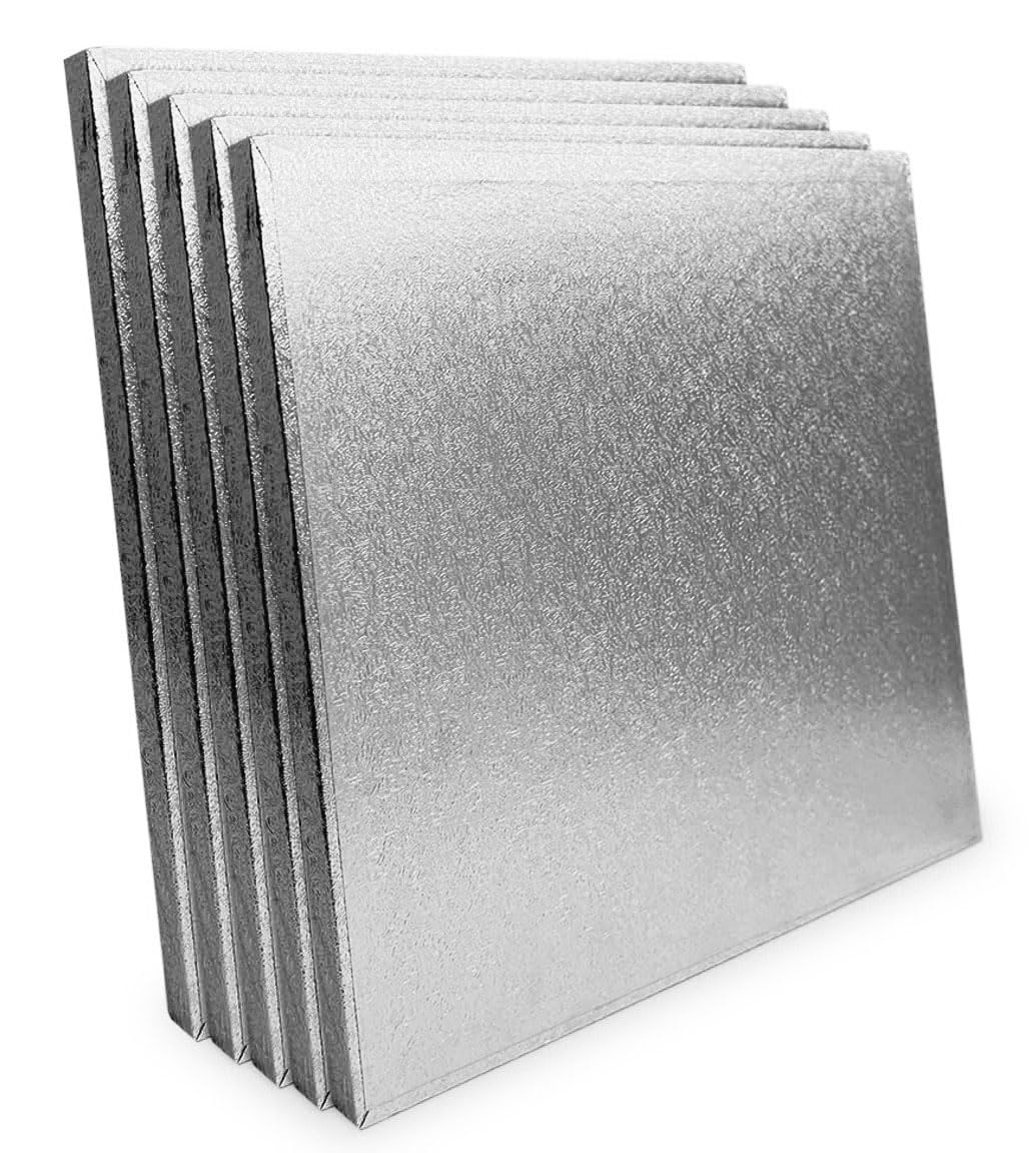 LARRYROO Pack of 5 Square Cake Drums 13mm Thick Boards Colourful Foil Covered (Silver, 18 Inches)