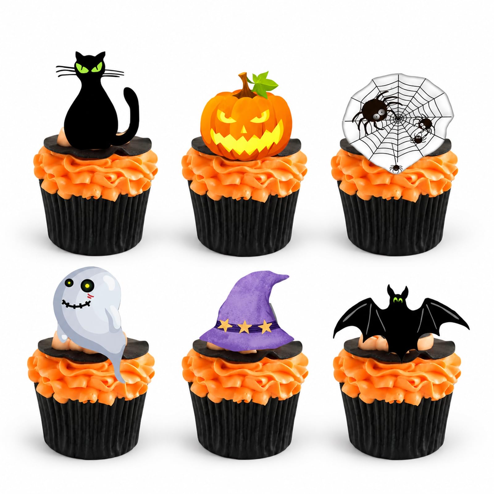 Zosutetoxo 48Pcs Halloween Cupcake Toppers Made of Wafer Paper with Pumpkin & Bat