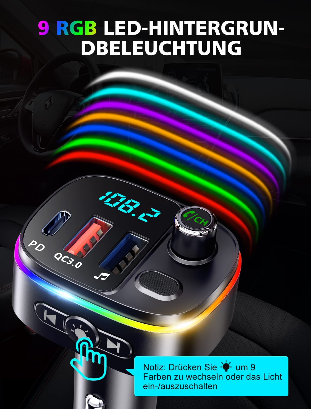 Mohard FM Transmitter Auto Bluetooth 5.0, PD 18W & QC3.0 Adapter , 9 RGB Beleuchtungsmodi, 3 USB Anschlüsse Auto Ladegerät mit Freisprechfunktion, Siri Google Assistant und USB-Disk