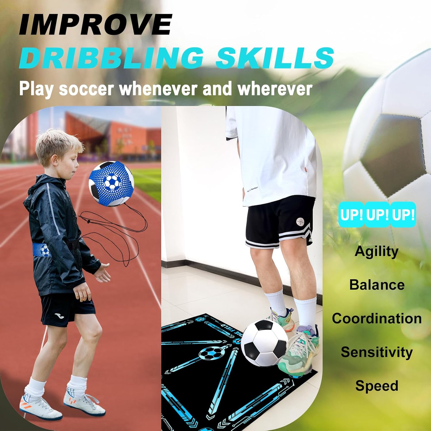 Football Footstep Training Mat, Soccer Training Mat 35 * 24IN, Soccer Practice Equipment with Storage Bag and Soccer Return Trainer Net (New Black-Blue)