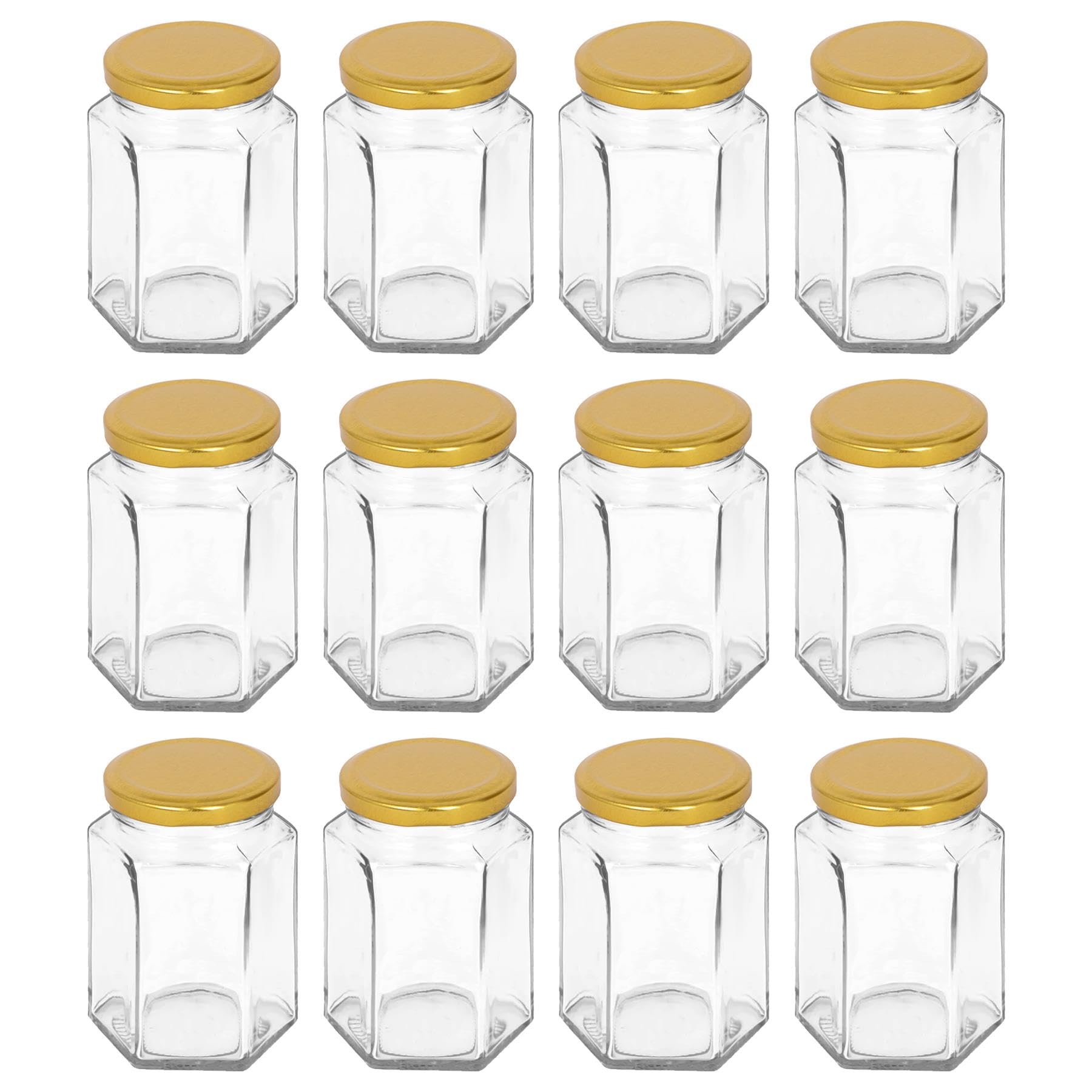Argon Tableware 250ml Hexagonal Glass Jam Jars with Gold Lids - 12x Empty Screw Top Kitchen Food Honey Spice Chutney Preserving Canning Storage Jar Container Glasses Set