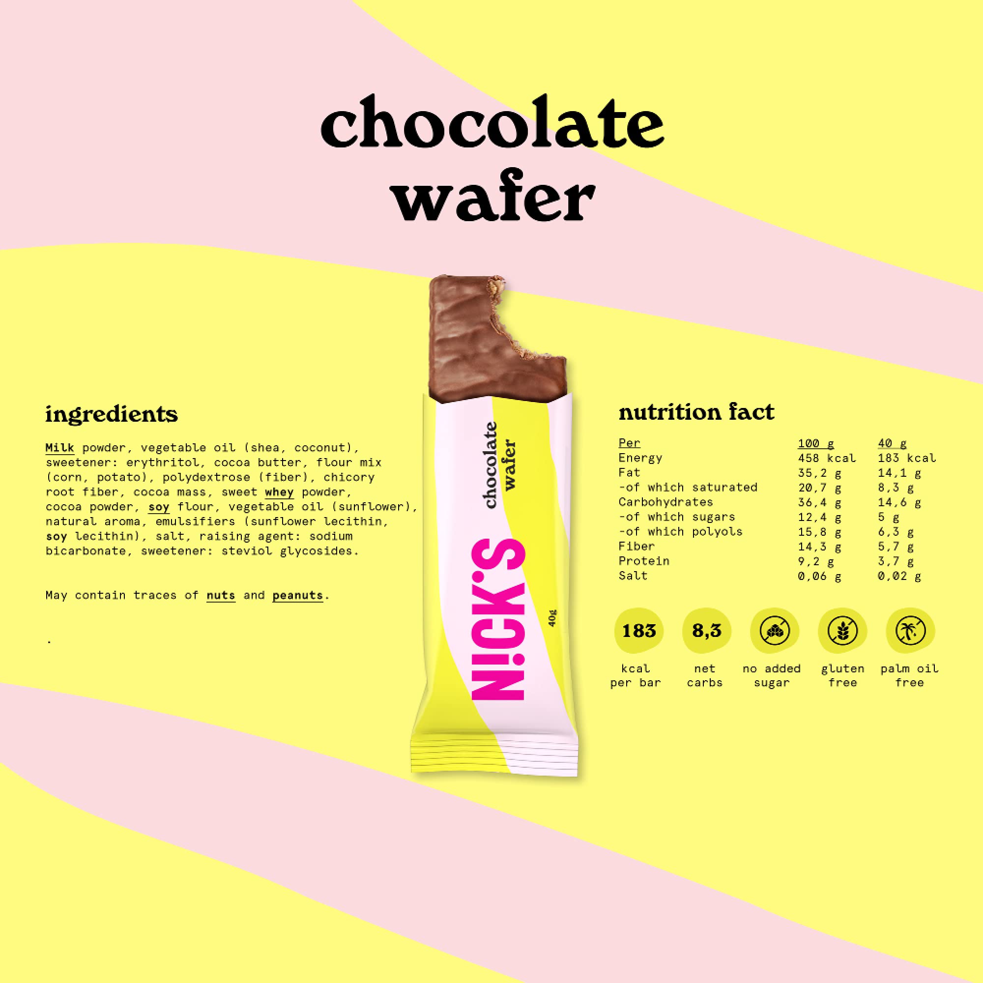 NICKS Chocolate wafer, crispy low carb biscuit kexbar No added sugar