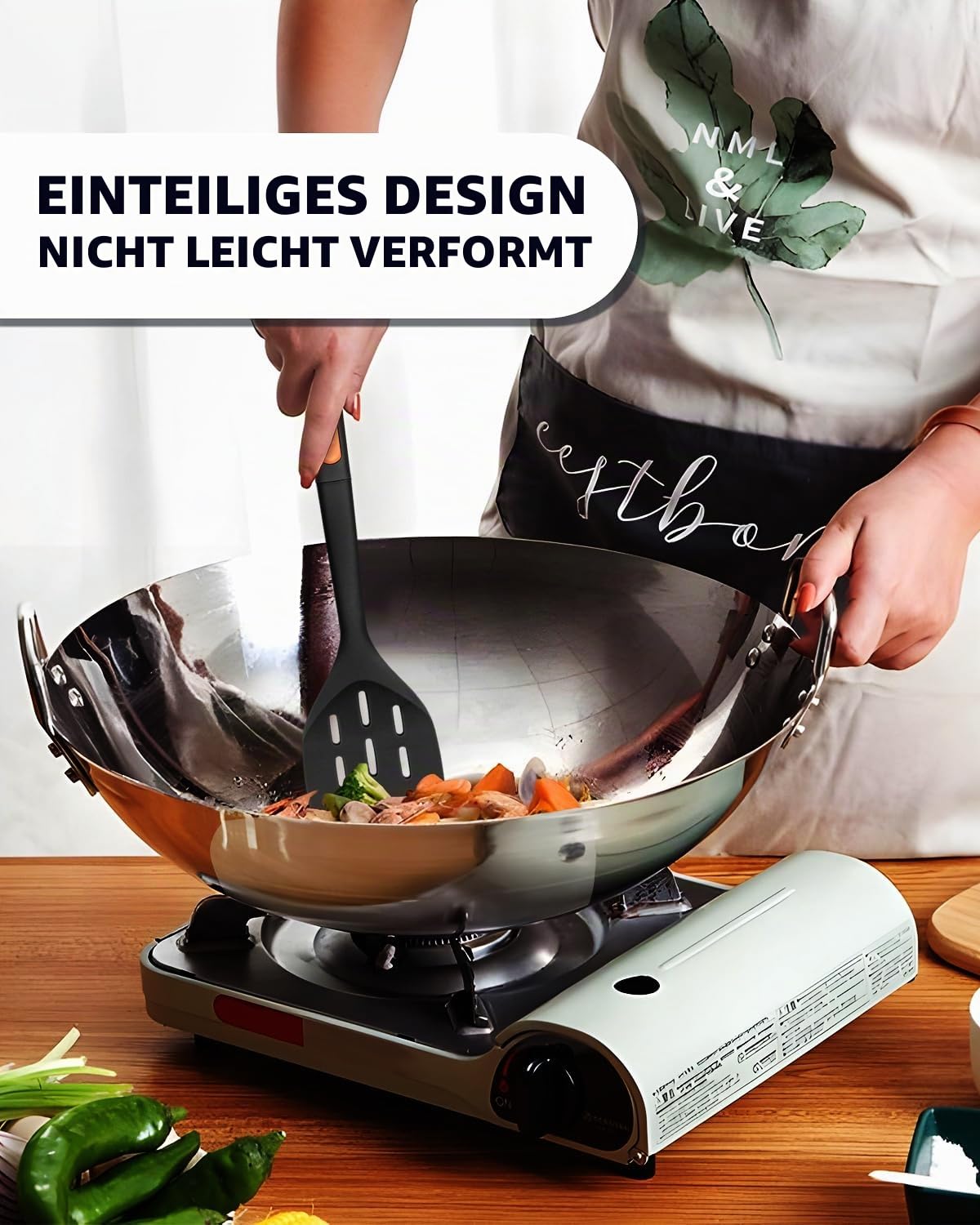 Silikon-Kochspatel und Spaghetti-Löffel, hitzebeständiges Vollsilikon-Kochutensilien-Set, antihaftbeschichtet, groß, Küchenspatel, Löffel zum Kochen, Mischen, Servieren, Abtropfen (schwarz)
