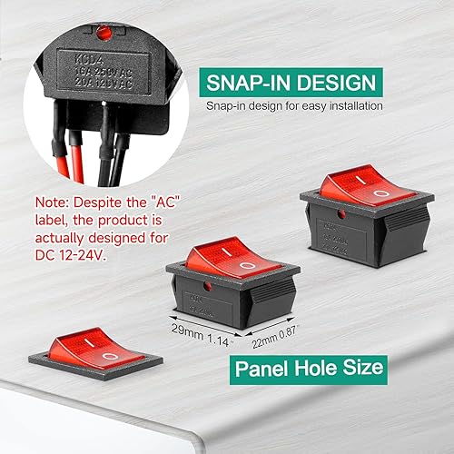 Vista 32 de QTEATAK 2 unids AC 20A/125V 15A/250V DPST 4 pines 2 posiciones ON/Off Boat Rocker interruptor de palanca con luz LED roja