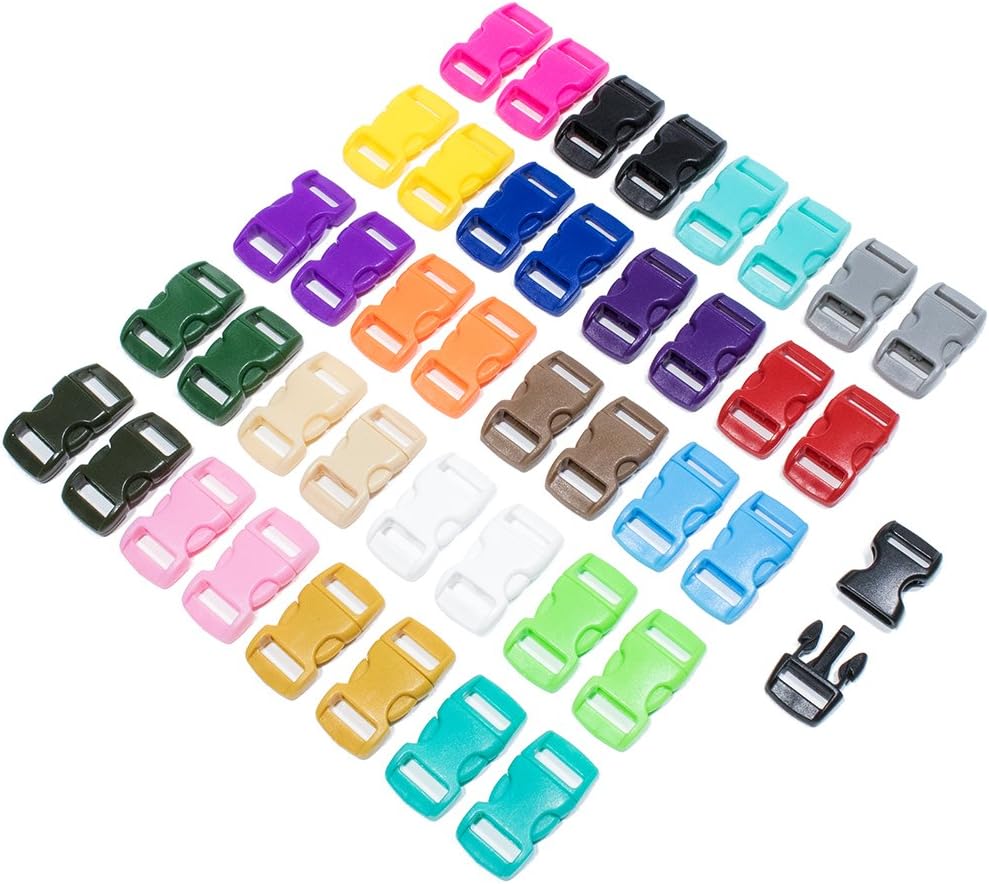 Craft County 40 Pack 3/8 Inch Curved Plastic Buckles - DIY Webbing Contoured Quick Side Release Buckles - for Bracelets, Tactical Bag Gear, Backpacks - 20 Colors