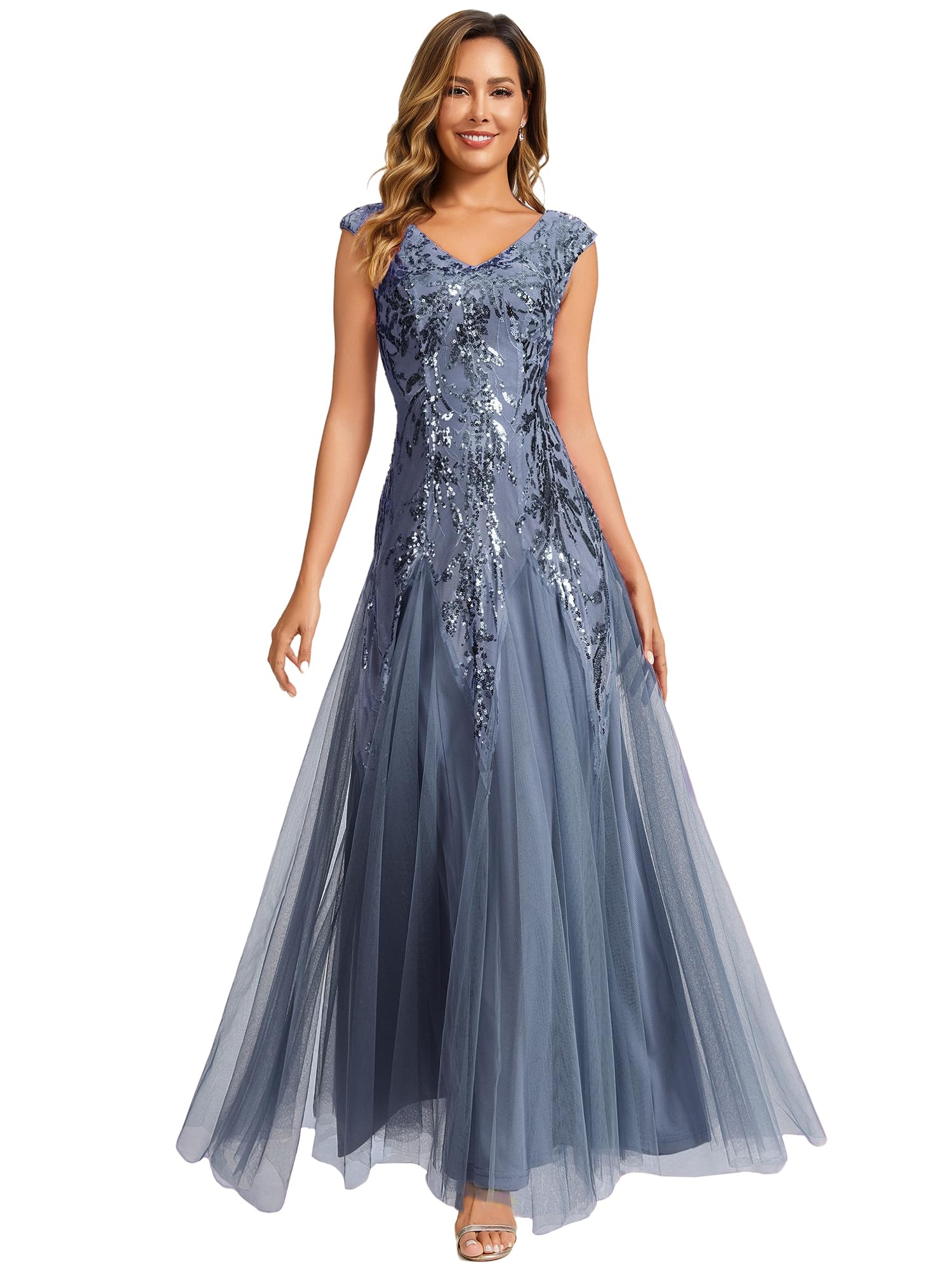 Ever-Pretty Ballkleider Damen Lang Pailletten Ärmelloses Abendkleid mit V-Ausschnitt für Kleid Silvester EE02559