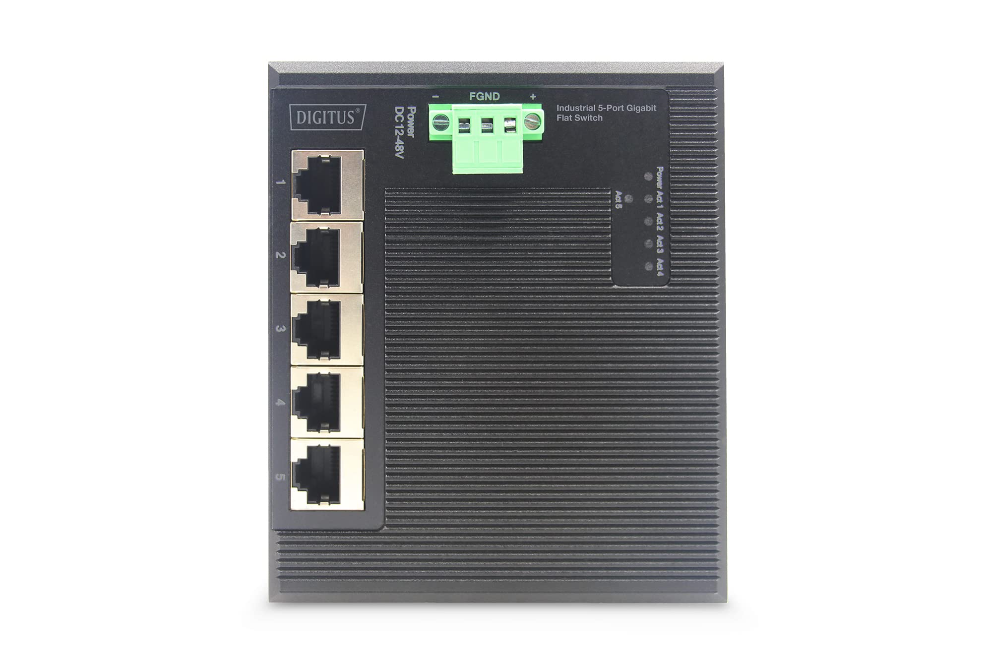 DIGITUS Płaski przełącznik sieciowy – 5-portowy Gigabit Ethernet – montaż na szynie DIN – listwa zaciskowa – bez wentylatora – czarny/niebieski