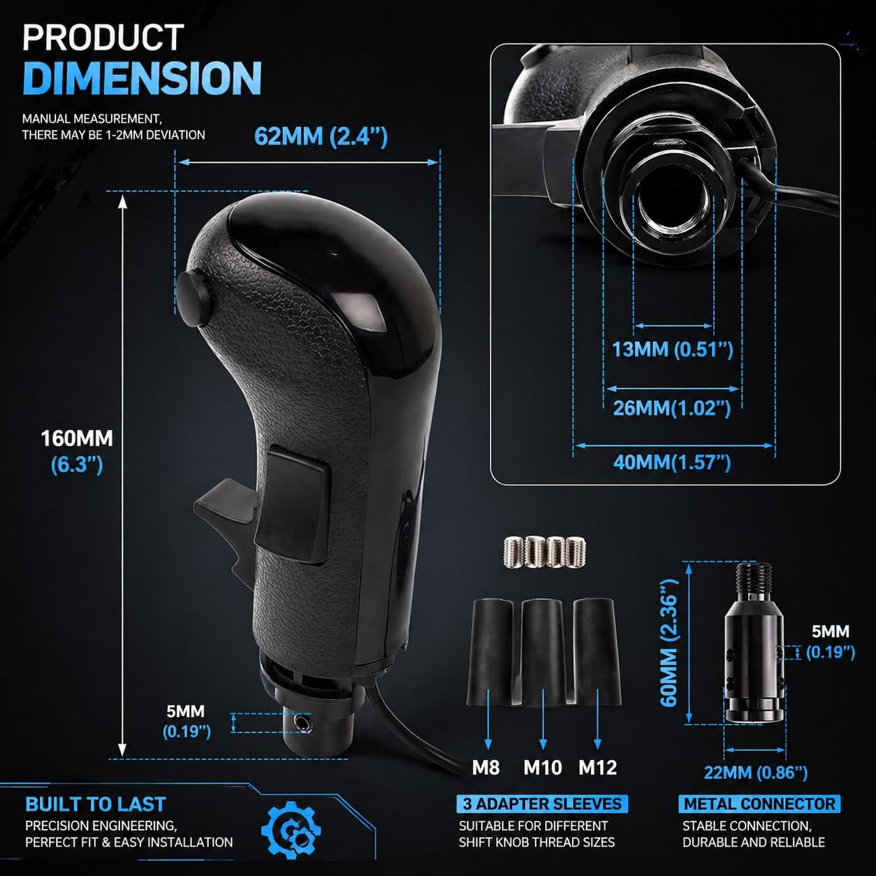 USB 18‑Gang Schaltknauf mit High/Low Range & Splitter – kompatibel mit Logitech G29/G27/G25/G923 Shifter – Plug & Play, nur PC, 3 Funktionstasten, M8/M10/M12 Adapter, für ETS2/ATS, Schwarz
