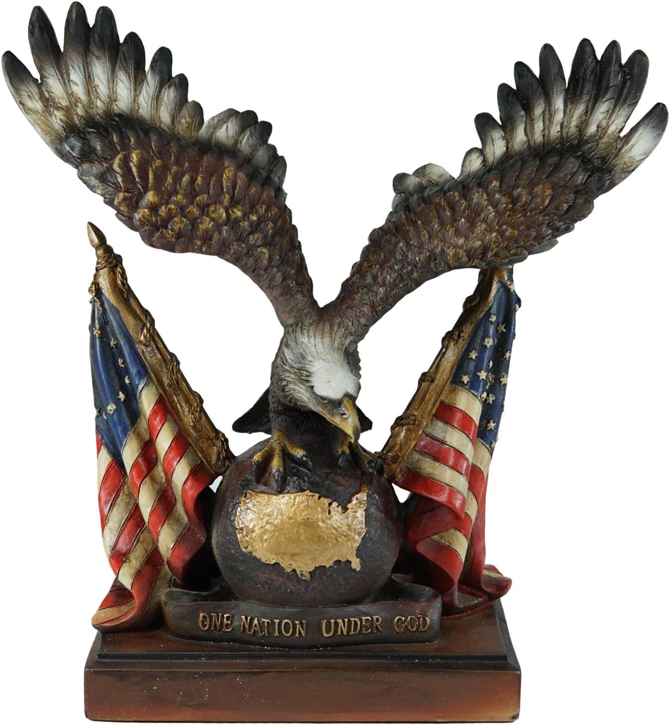 Ebros Gift Patriotic Wings of Glory Bald Eagle Resting On Globe with Map of America and 2 Star Spangled Banner Flags Figurine with Trophy Base One Nation Under God American Symbolic Statue