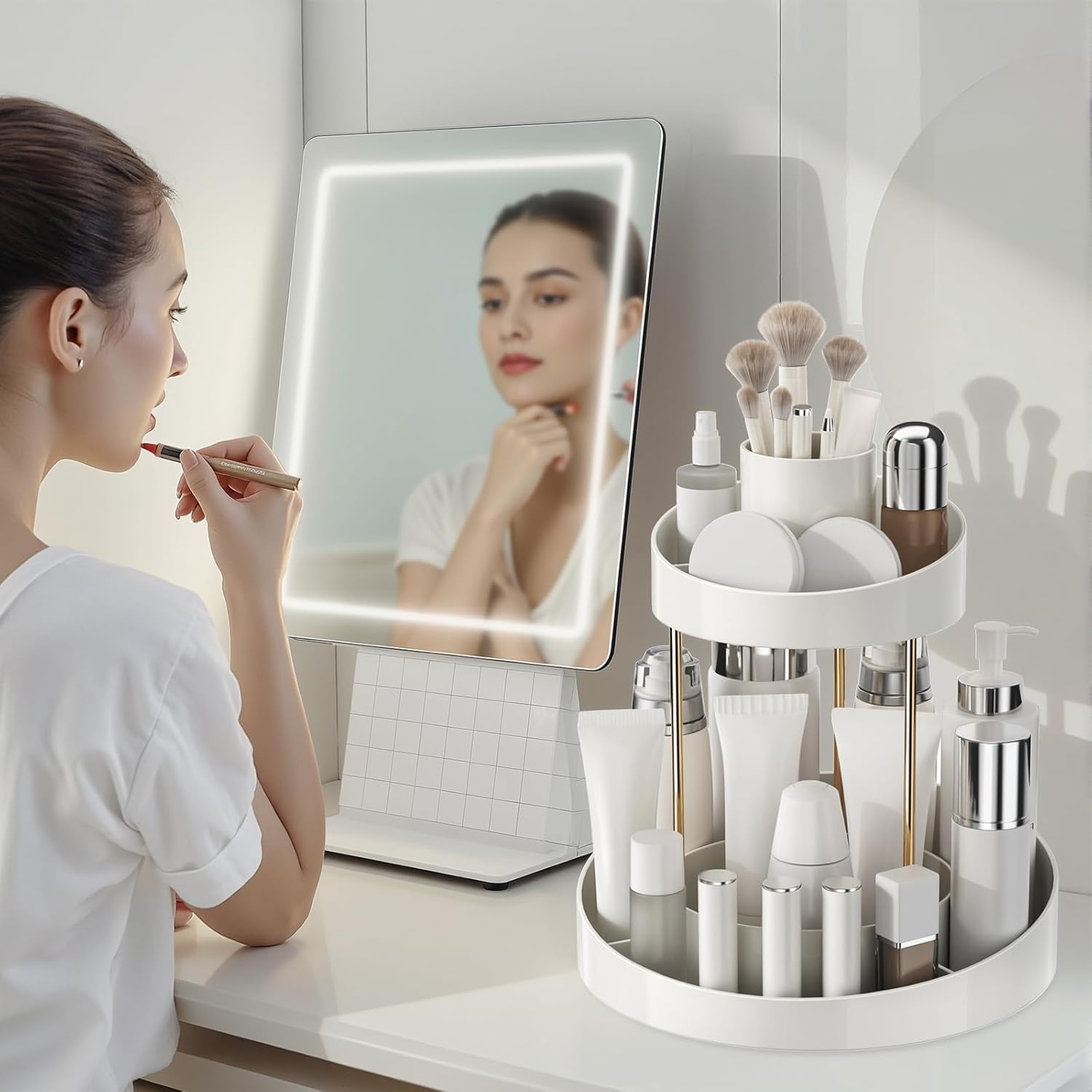 2 tier Makeup Organizer Countertop,360 Rotating Makeup Organizer for Skincare, Lipstick and Perfumes,Multi-function Cosmetic Display Cases for Vanity,Bathroom,White - Image 7