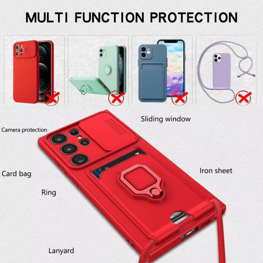 Funda Compatible con Xiaomi Redmi Note 8,Cuello Cordón Carcasa Silicona Suave,Ranura con Tarjetas,Carcasa Cubierta cámara Deslizante Proteger, Anillo Soporte (Rojo) — view 6