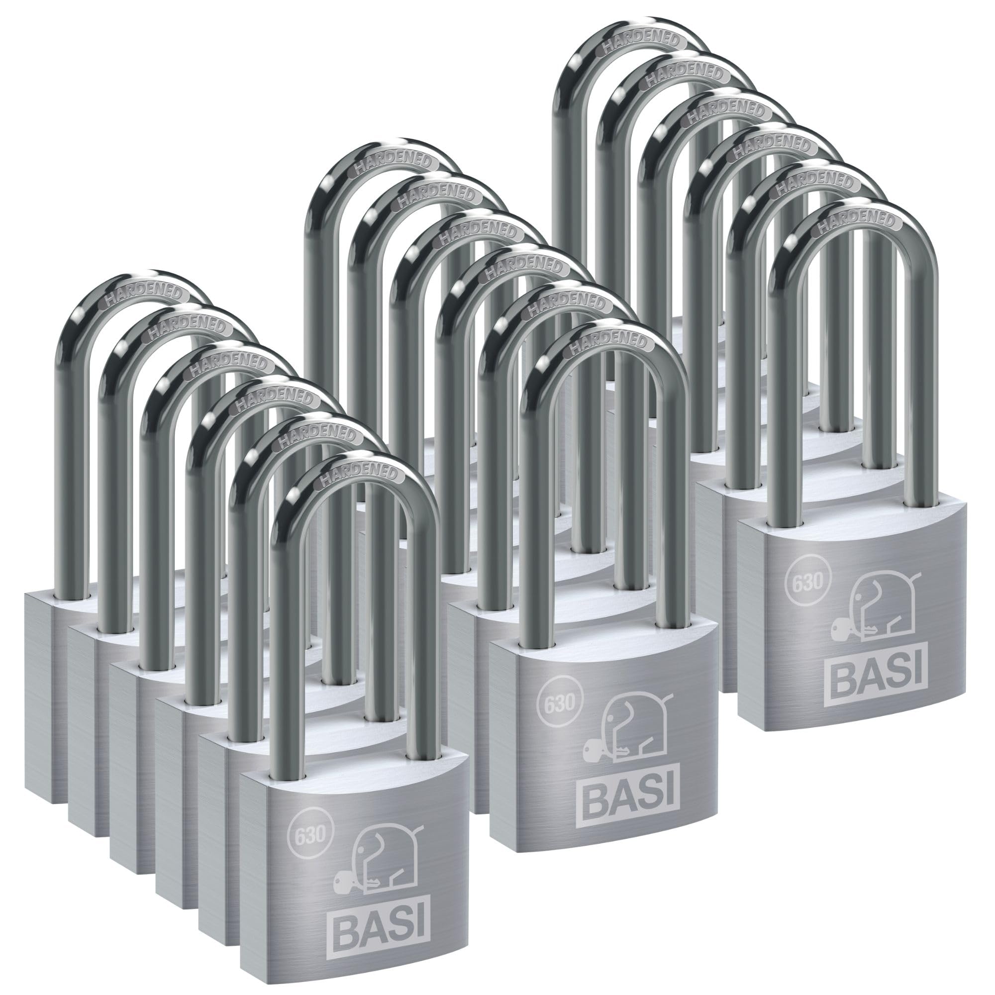 BASI | Set di 18 lucchetti | 30 mm | autobloccanti | staffa alta | alloggiamento in alluminio massiccio | staffa in acciaio temprato | lucchetto sicuro a chiusura uguale | spessore 5 mm | 18 pezzi