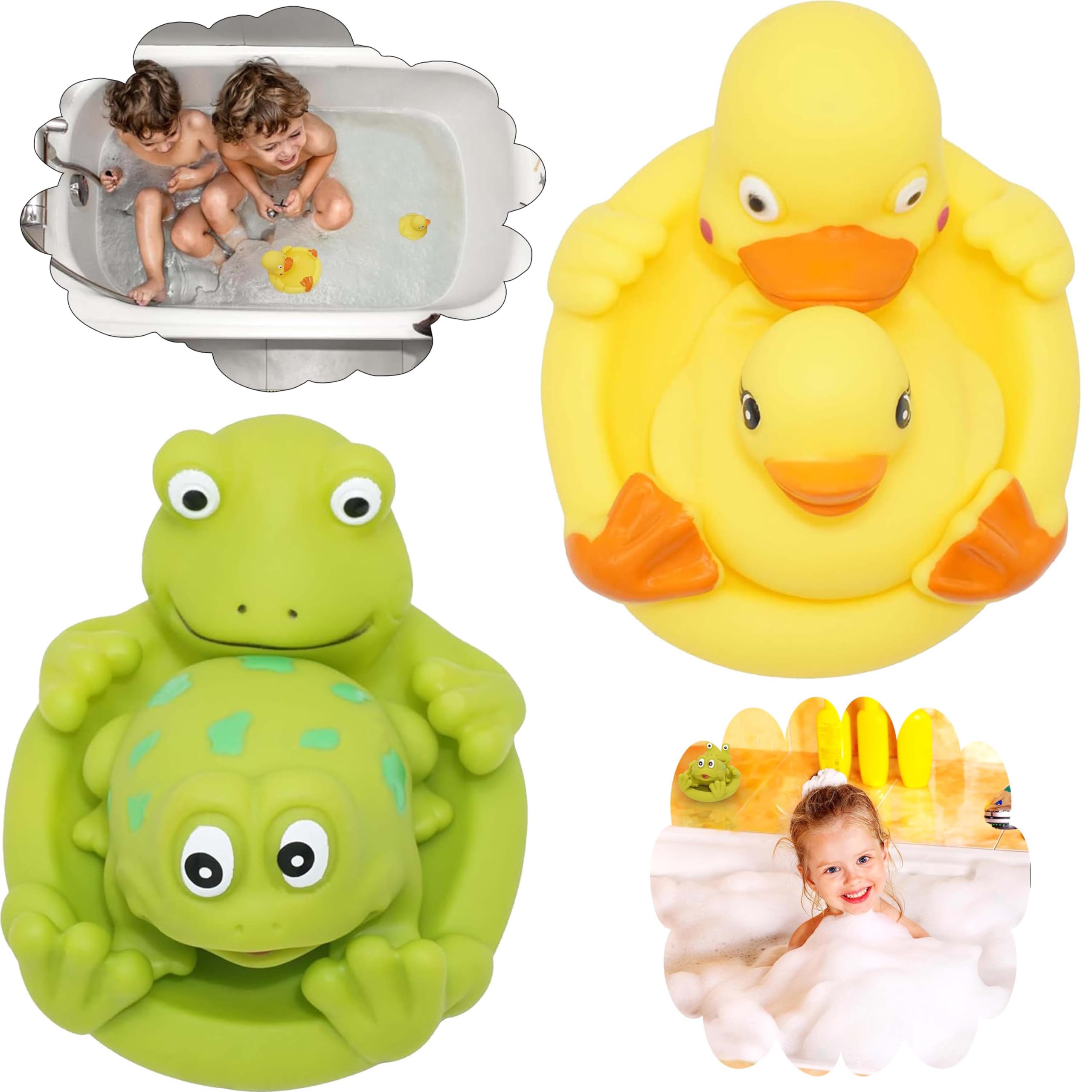 HOVUK 4 piezas de vinilo para baño de bebé, familias de ranas y patos, juguetes de agua flotantes de rana y pato, diversión para bañera para más de 12 meses, duradero y divertido para niños