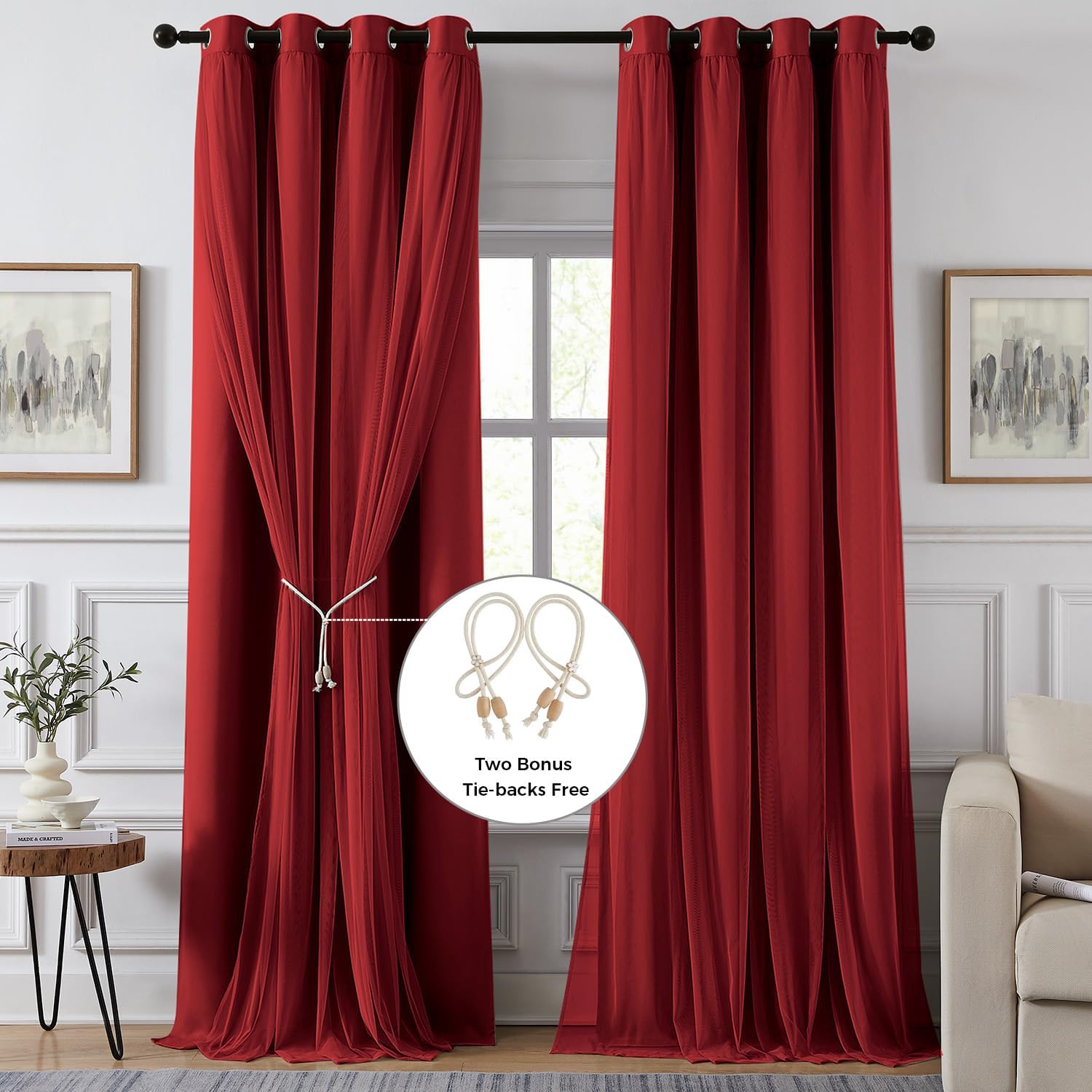 100% Blackout Curtains for Bedroom, Double Layer Red Curtains, Black Out Curtain 84 inch Long with Sheer Overlay for Living Room, Room Darkening Window Drapes with Grommet, 52" W x 84" L