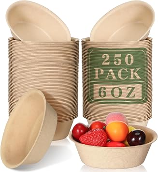 Dandat 6 oz Disposable Paper Bowls Bulk Small Bagasse Dessert Bowls for Ice Cream Soup Salad Pasta Party Supplies Picnic Banquet Barbecues Pet FoodBrown,250 Pcs
