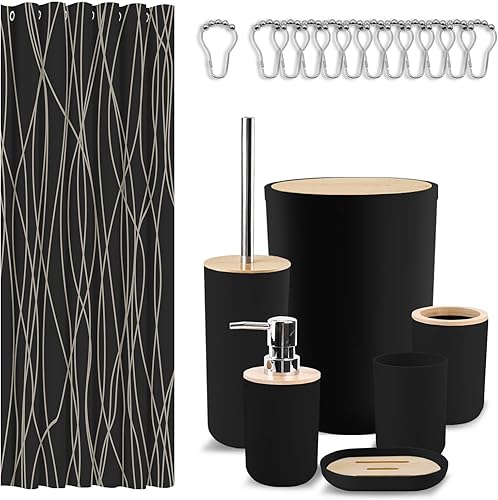 Miniatura 10 de Juego de accesorios de baño - 19 piezas Juego de baño negro con cortina de ducha, cubo de basura, soporte para cepillo de inodoro, soporte