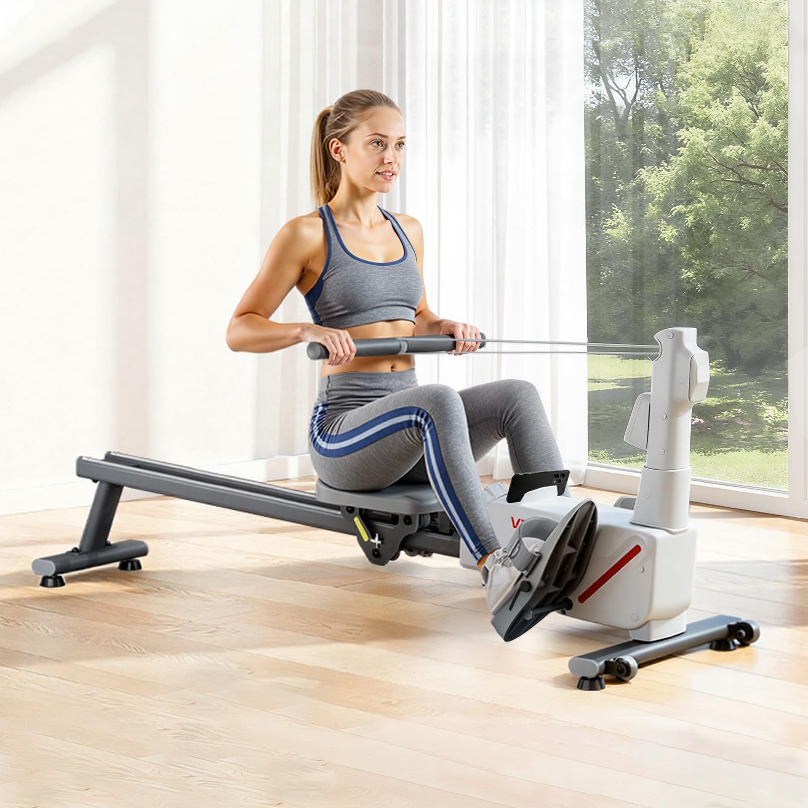 VEVOR Rameur Magnétique, Ergomètre avec Résistance Réglable à 16 Niveaux, Pliable, Capacité de Charge de 158 kg, avec Double Rail Coulissant, Compatible avec Application Bluetooth et Écran LCD