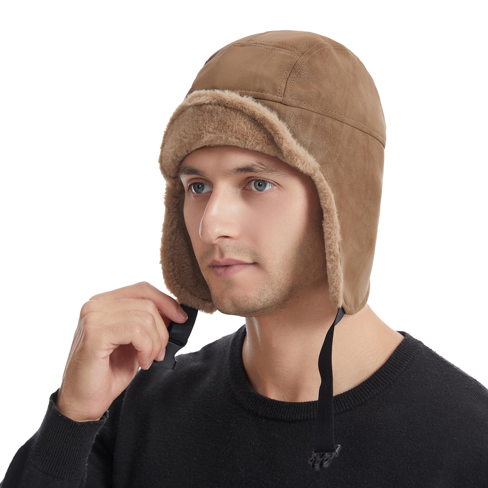 Bonnet d'hiver, Chapeau Trappeur d'hiver avec Cache-Oreilles, en Cuir PU imperméable et Coupe-Vent, Style aviateur(Khaki)