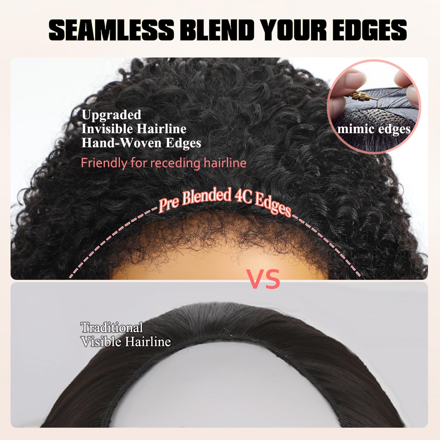 22 Inch Kinky Curly Half Wig Human Hair with Leave-Out Glueless Curly Half Wigs for Black Women Protect Hairline Wear and Go Human Hair Wigs for Beginner Daily Wear Lightweight Summer Wig