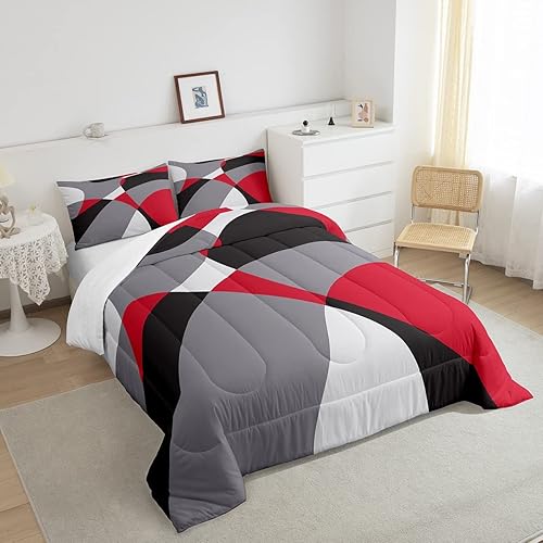 Miniatura 4 de Erosebridal Juego de edredón de rayas geométricas tamaño Queen, ropa de cama moderna gris, rojo y negro, edredón de plumón de arte abstracto, juego
