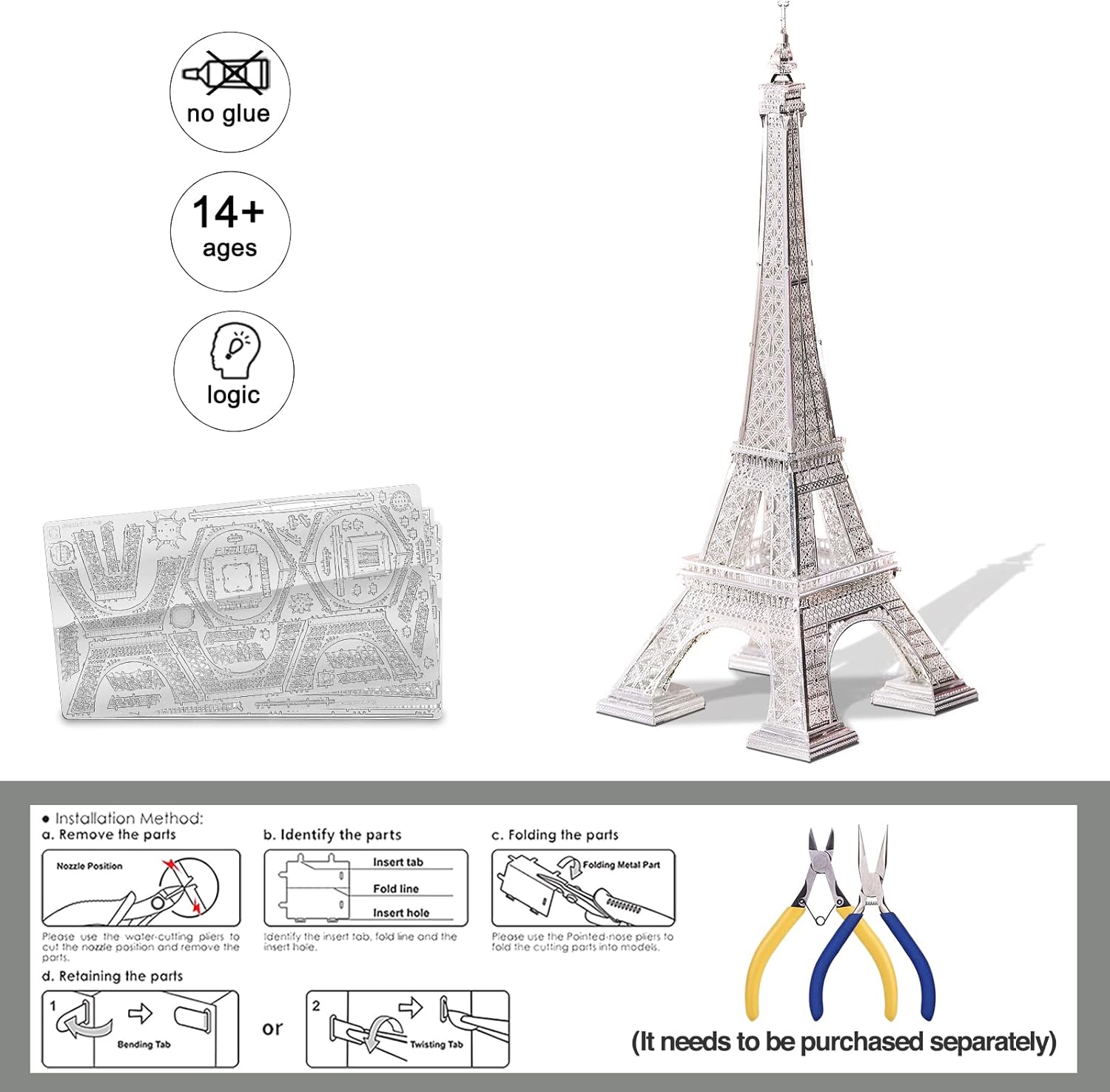 Package contents and basic assembly steps for Piececool 3D metal model