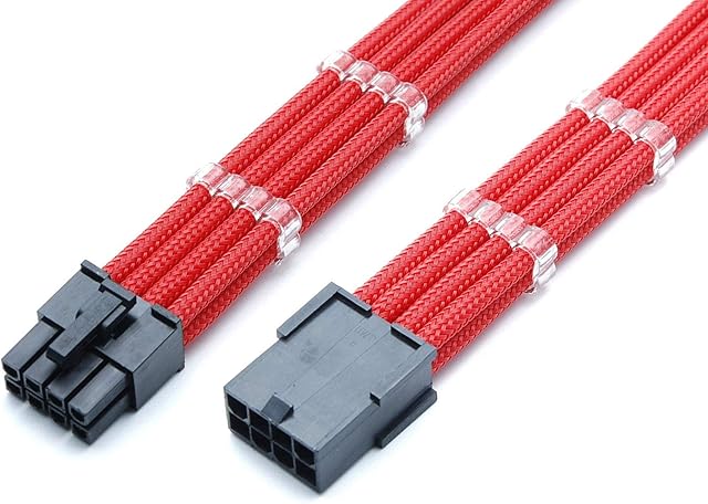 Shakmods 8 Pin ATX CPU Motherboard Sleeved Extension Cable 30cm + 2 Cable Combs (Red)