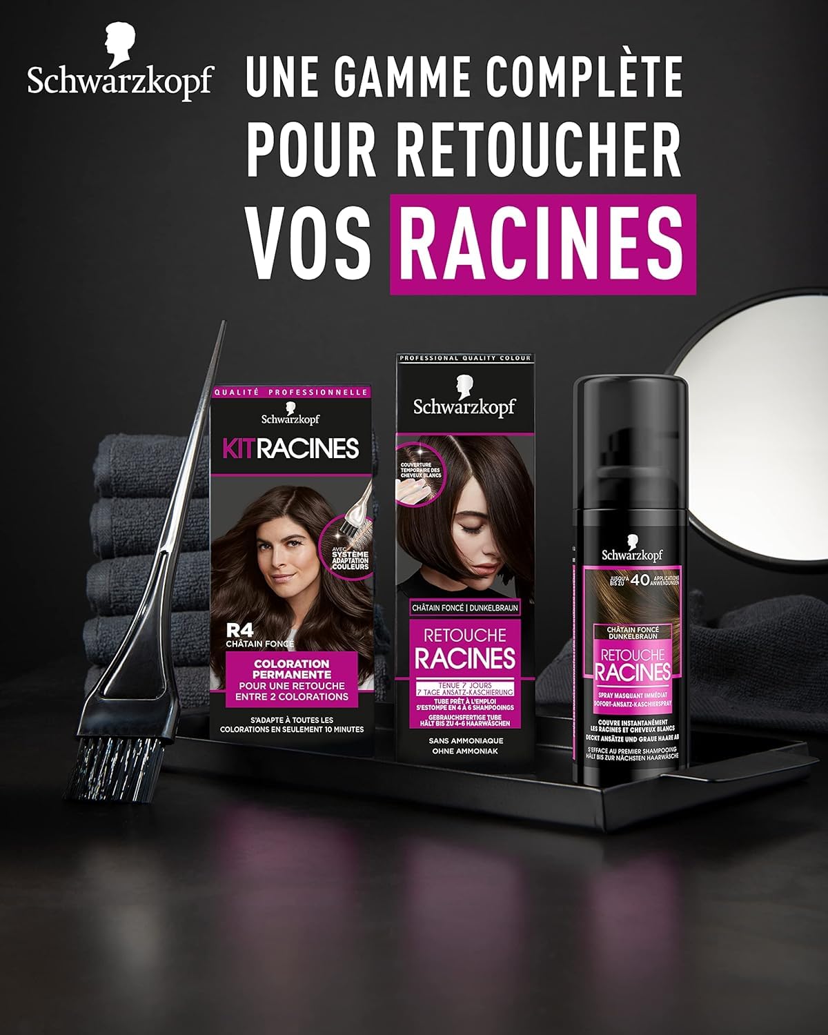 Schwarzkopf - Lot de 3 Retouche Racines Cheveux Blancs - Spray Masquant Temporaire Racines Cheveux - S’efface au premier shampooing - Châtain foncé