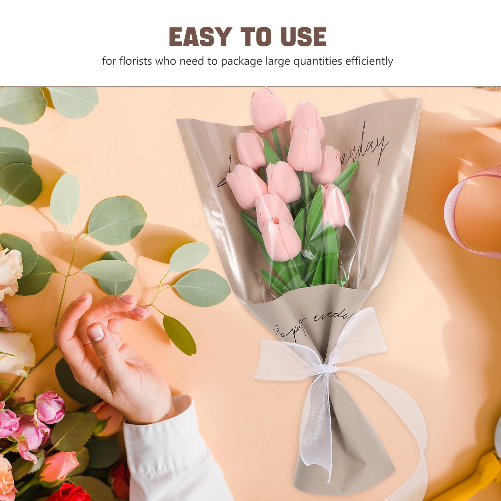 YARNOW Bolsas de Papel Kraft para Flores Embalaje de Flores para Bodas Cumpleaños Día Madre con Cinta de Poliéster Individuales