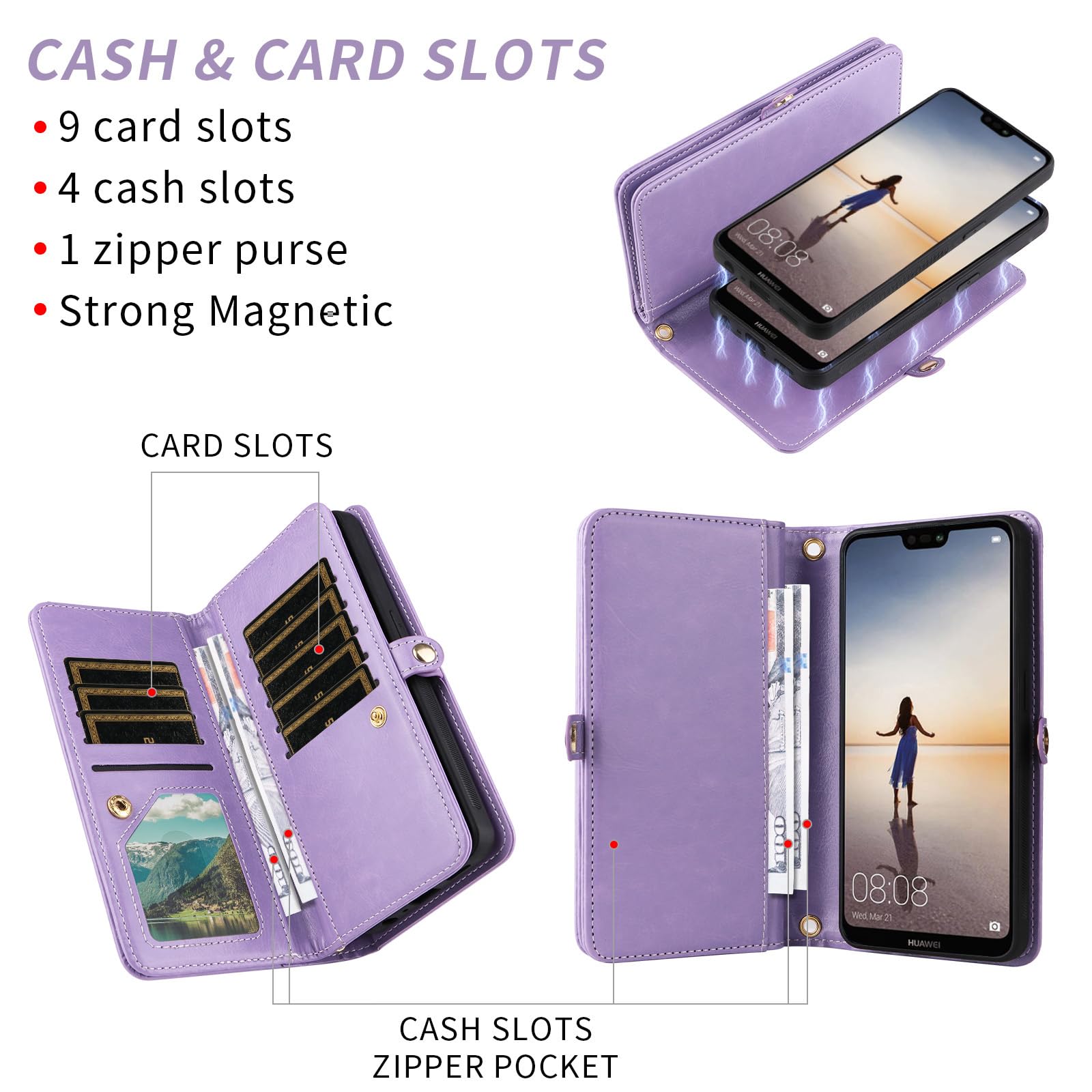 Asuwish Étui de téléphone pour Huawei P20 Lite - Fermeture éclair - Portefeuille amovible - Avec protection d'écran en verre trempé - Bandoulière à paillettes - Porte-cartes Hawaii P20lite P 20 Nova