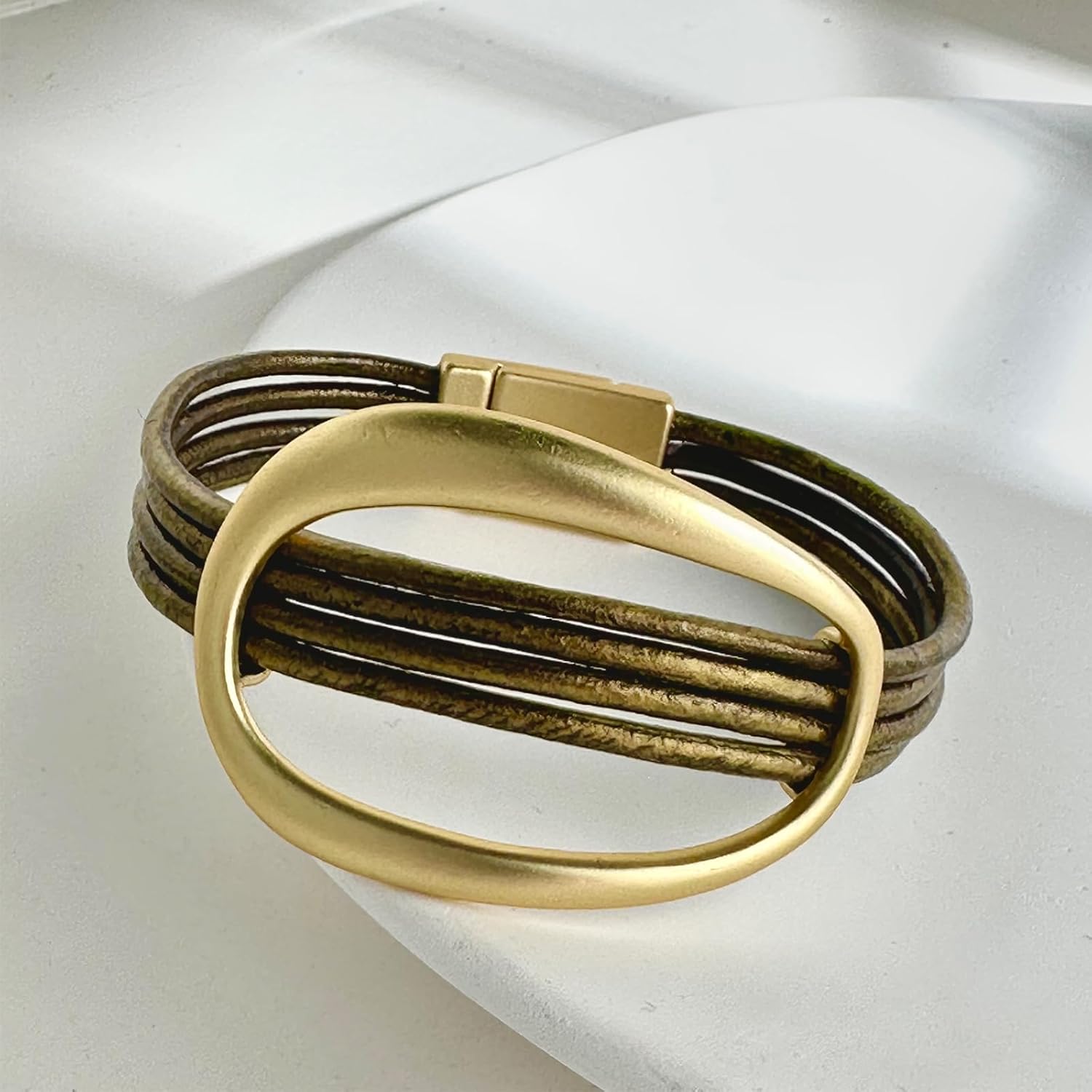 Bracelets for Women Leather Bracelet Multi-Layer Rope Wrap Bangle 14k Gold Plated Cirle Hollow Tube Boho Cuff Bangle Bracelets for Women Gift - Image 3