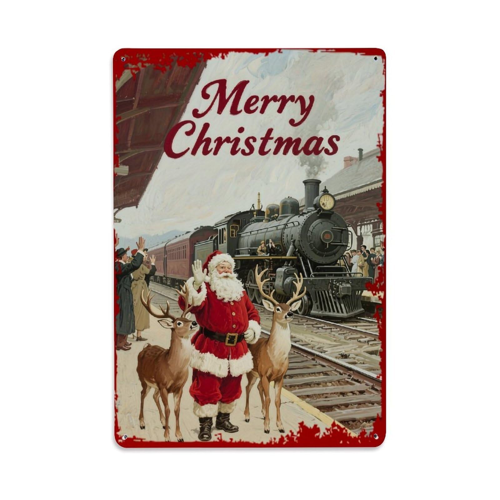 Jdyaojiesheng Vintage Merry Christmas Santa Train Reindeer Tin Sign Retro Metal Wall Decor Metal Poster, Home Bar Garage Farmhouse Cafe Wall Art Decoration 8X12inches