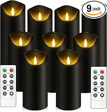 Flickering Flameless Candles, Battery Operated Acrylic LED Pillar Candles with Remote Control and Timer, Set of 9 (Black)